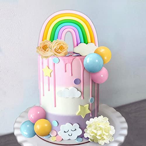 DRWATE 24PCS Rainbow Cake Topper Balls Cake Decorations flower Cake Topper with Macaron Balls Artificial roses for Baby Shower Oh Baby Boys and Girls Birthday Themed Party Supplies (Colorful)
