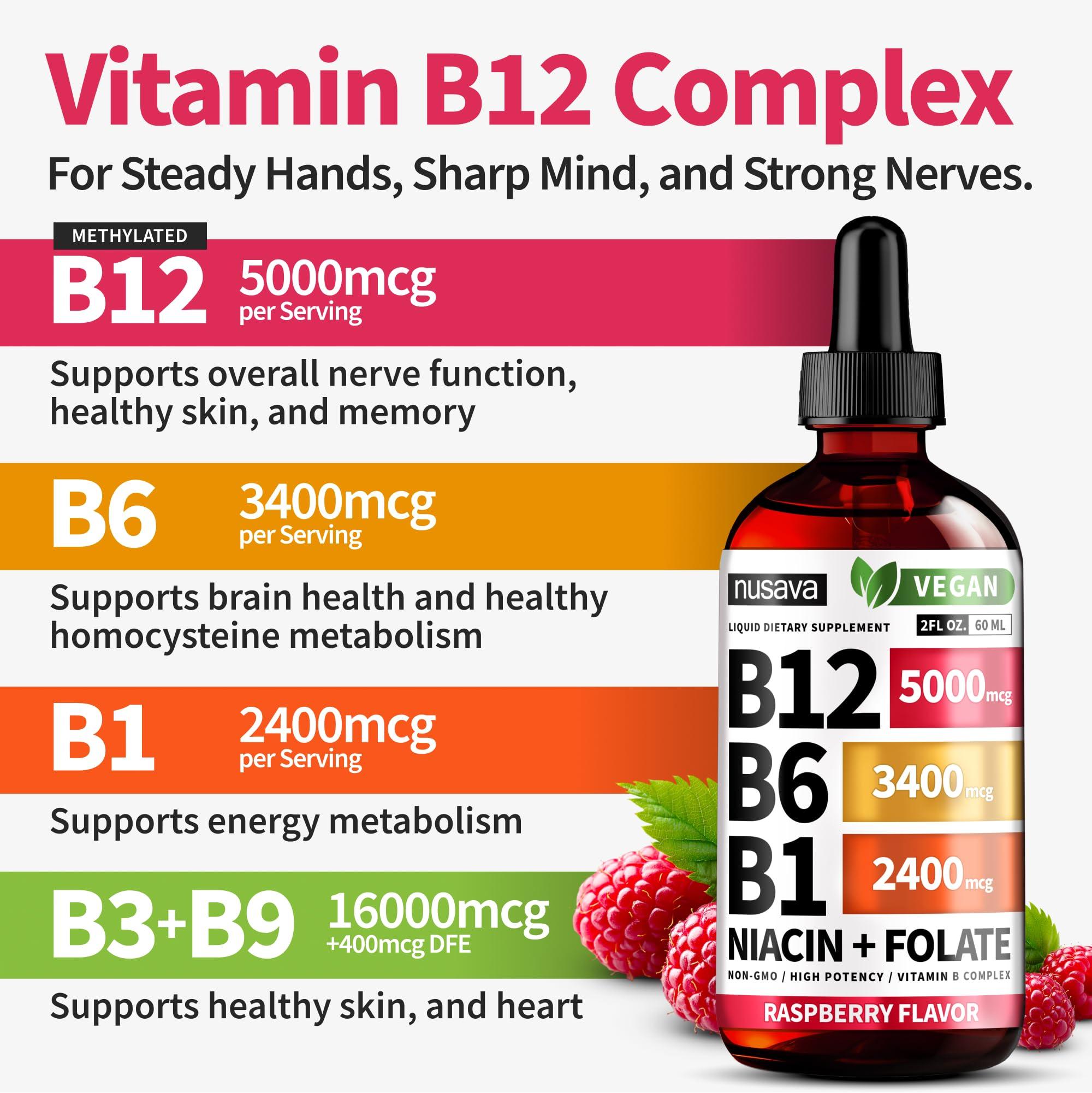 NUSAVA NUSAVA (2 Pack) Vitamin B12 and B6 Liquid Drops, Sublingual Vitamin B Complex B12 Methylcobalamin for Energy, Brain, Heart Support with 27,200 mcg, 80 Servings