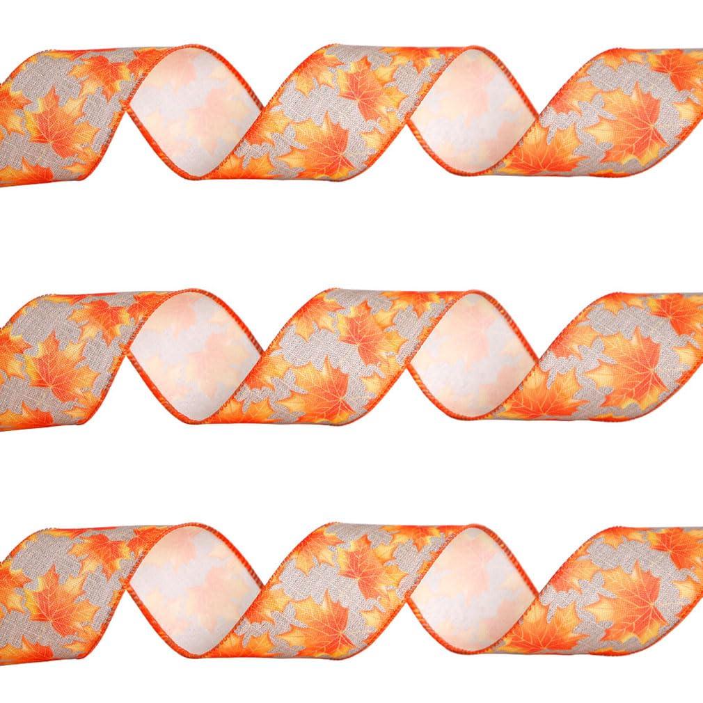 KALWAX Autumn Ribbon Roll, Halloween Ribbon, Fall Wired Ribbon in 6.5cm Width for Wrapping Orange Plaid Maple Leaf Pumpkin Autumn Harvest DIY Craft Ribbon for Gift Wrapping Wreath Decor Bow (5 Pieces)