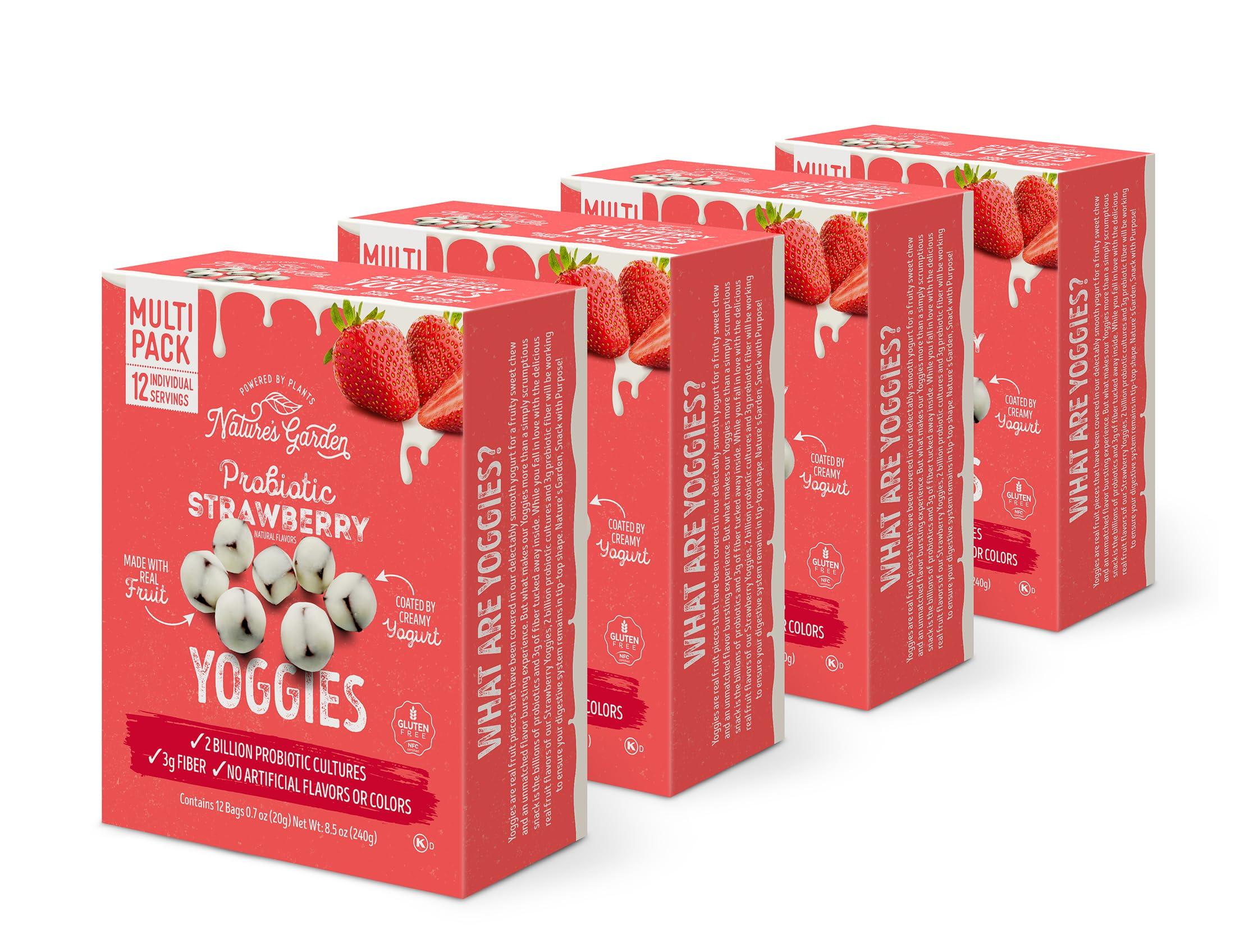 Nature\'s Garden Nature\'s Garden Probiotic Strawberry Yoggies 12 x 0.7oz (Pack of 4) Yogurt-covered Fruit Snack in Carton, Yoggie Fruit Bites, High Fiber, Healthy Snacks Variety Pack For Adults, Gluten Free, Non GMO, No Artificial Ingredients