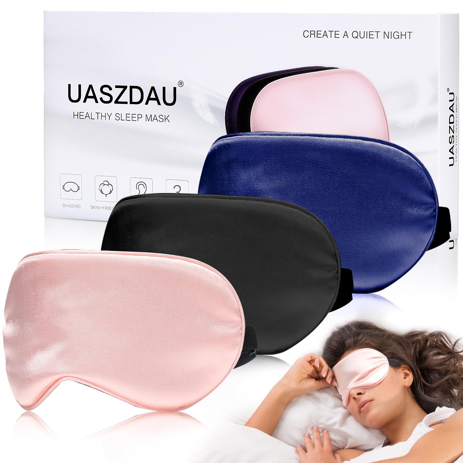 Uaszdau Sleep Mask Silk Eye Mask for Sleeping, Super Soft Blackout Eye Mask for Women Men, Side Sleeper Eye Covers for Sleeping with Adjustable Straps, Travel Eye Mask, 3 Pack