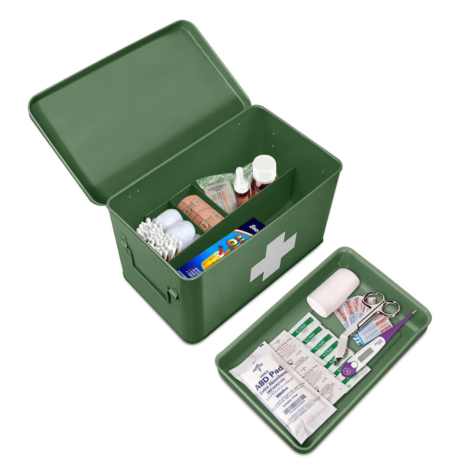 Flexzion Flexzion First Aid Box Organizer - Empty 13\" Green Vintage First Aid Kit Tin Metal Medical Box - First Aid Storage Box Container Bins with Dividers, Removable Tray and White Cross Logo