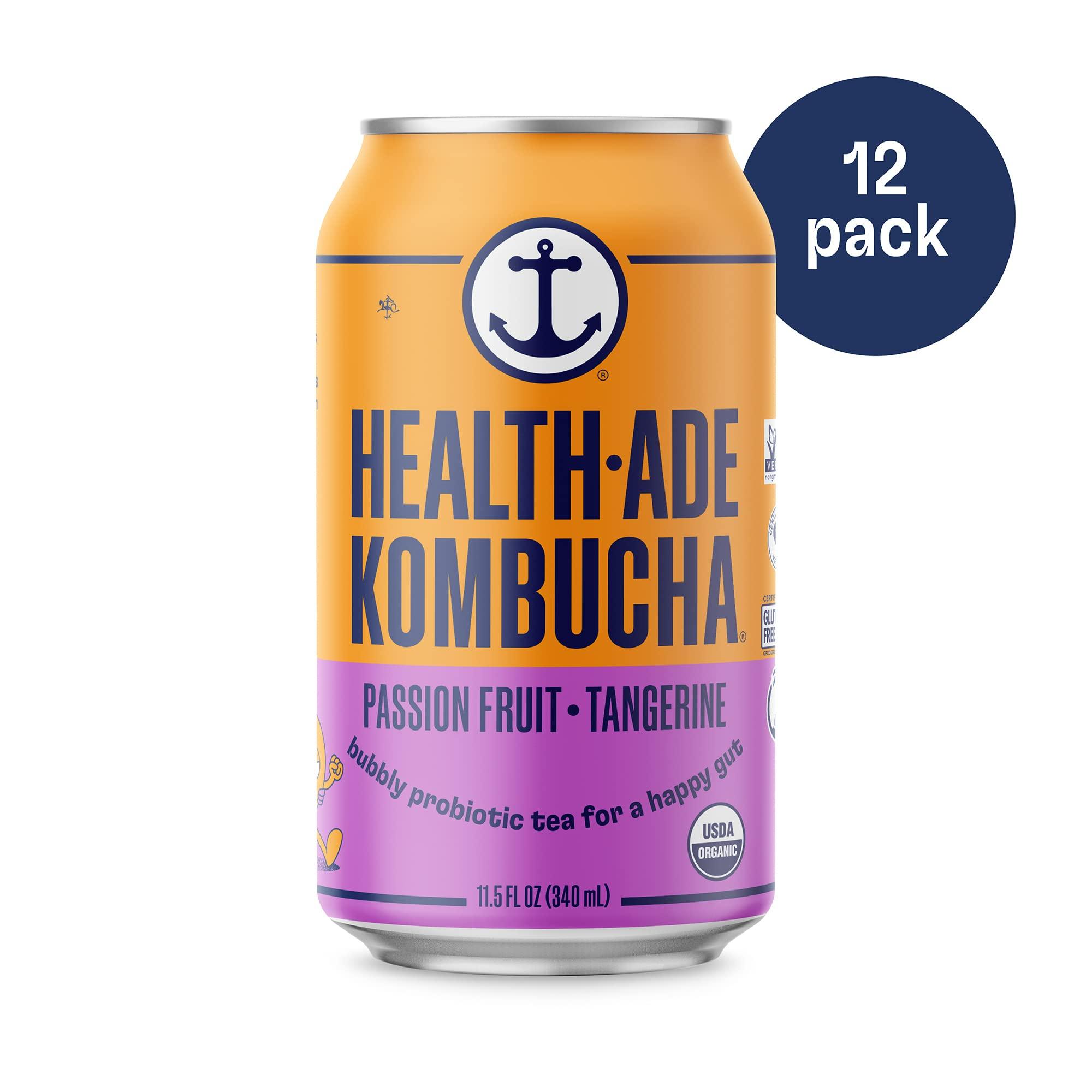 Health-Ade Health-Ade Passion Fruit-Tangerine Kombucha, Organic Drink, 12-Pack (11.5 Fl Oz Cans) Fermented Tea with Probiotics, Non-GMO, Vegan, Gluten-Free