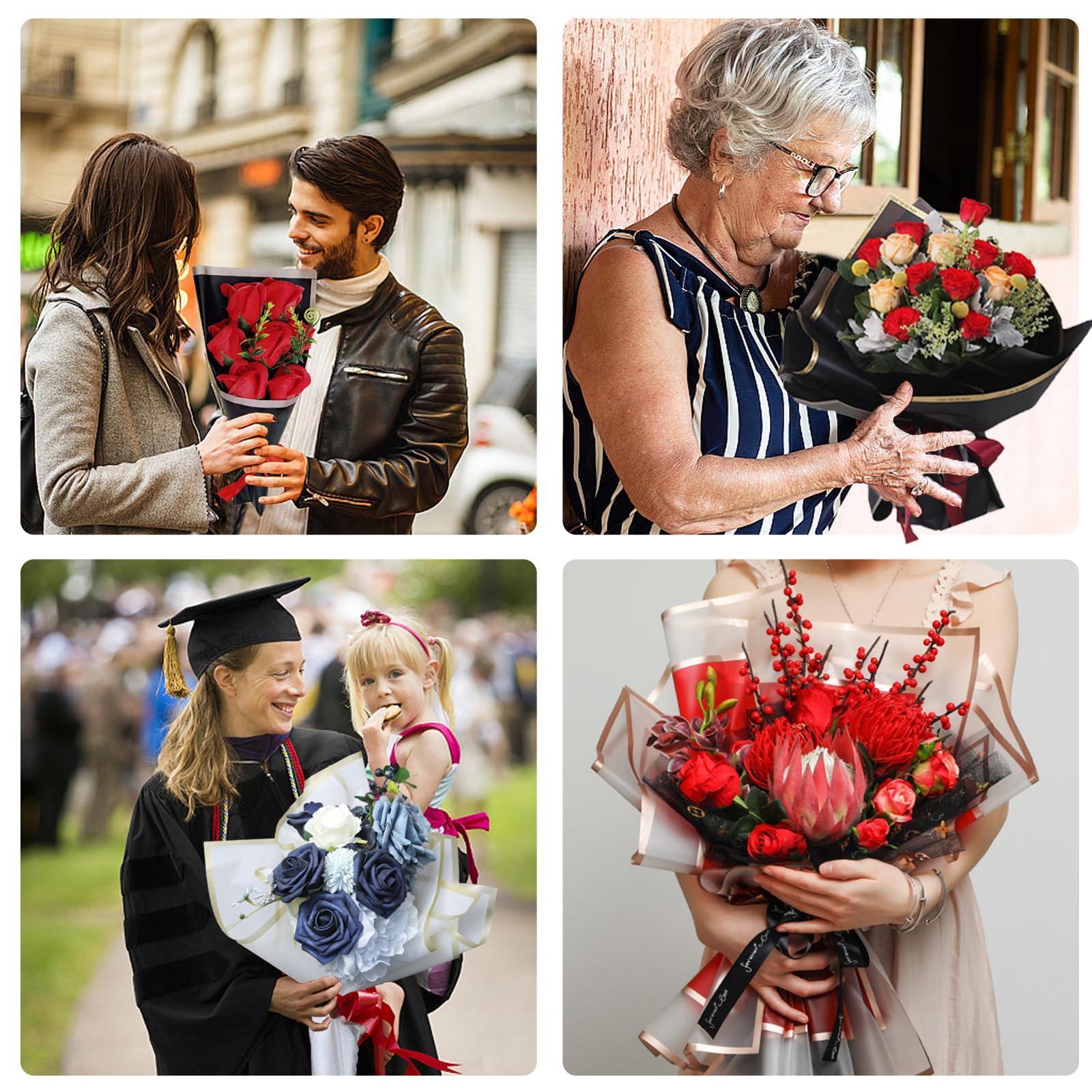 WUEURU WUEURU 195PCS Flower Wrapping Paper Bouquet Kit, Crowns and 3D Butterflies Flower Bouquets Waterproof Roses Wrapping Paper Sheets Diamond Pins Ribbon Bouquet Supplies Florist Wrap