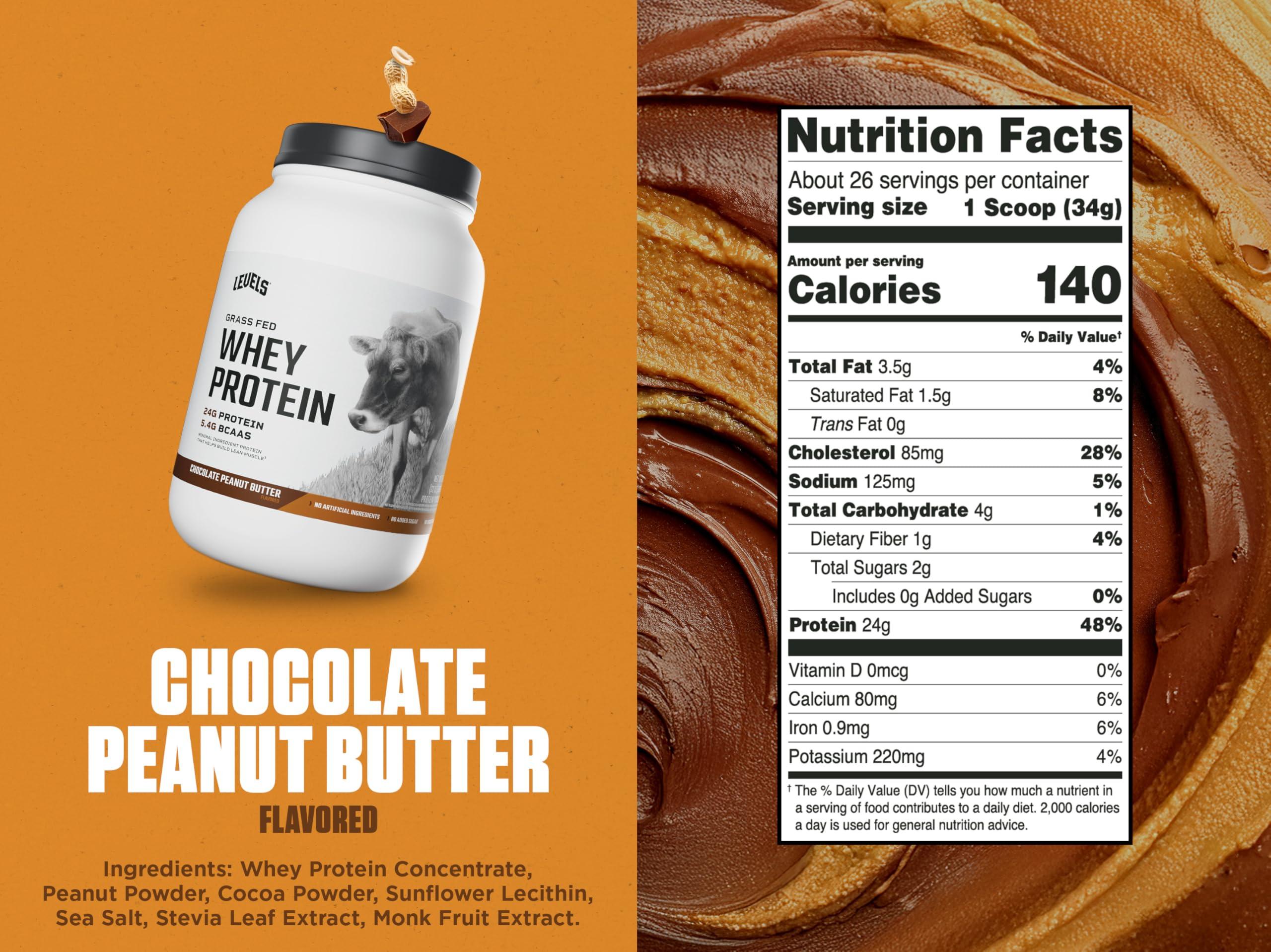 Levels Nutrition Levels Grass Fed Whey Protein, No Artificials, 24G of Protein, Chocolate Peanut Butter, 2LB