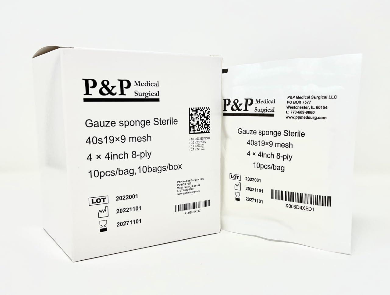 P&P Medical Surgical Gauze Surgical Sponges Cotton STERILE Woven 8-ply High Grade Quality 4\"x4\" Class I(a) All Purpose Pads Box of 1000