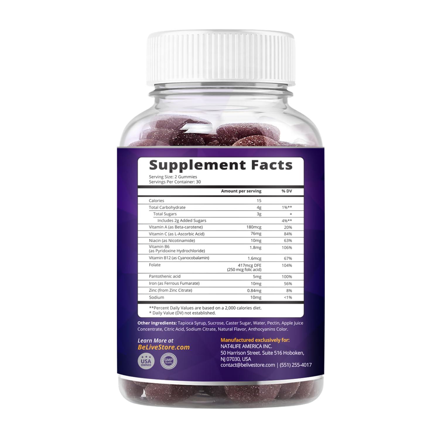 BeLive BeLive Iron Gummies - Multivitamin Supplement with Vitamin C, A, B & Zinc, Supports Blood Oxygen, Vegan Iron Supplements for Women, Men & Kids for Growth and Development - Grape Flavor | 1-Pack