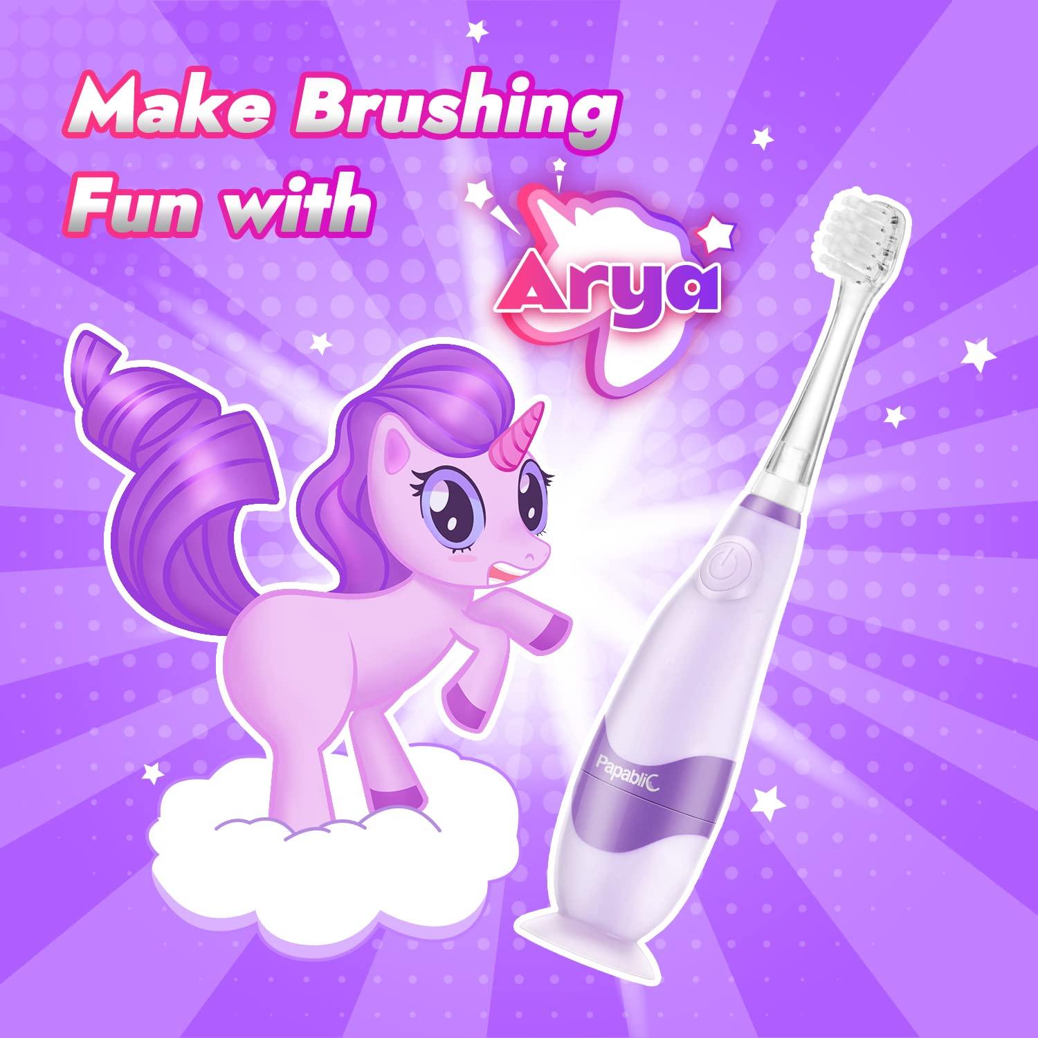 Papablic Papablic Toddler Sonic Electric Toothbrush for Ages 1-3 Years, Baby Electric Toothbrush with Cute Unicorn Cover and Smart LED Timer, 4 Brush Heads (Arya)