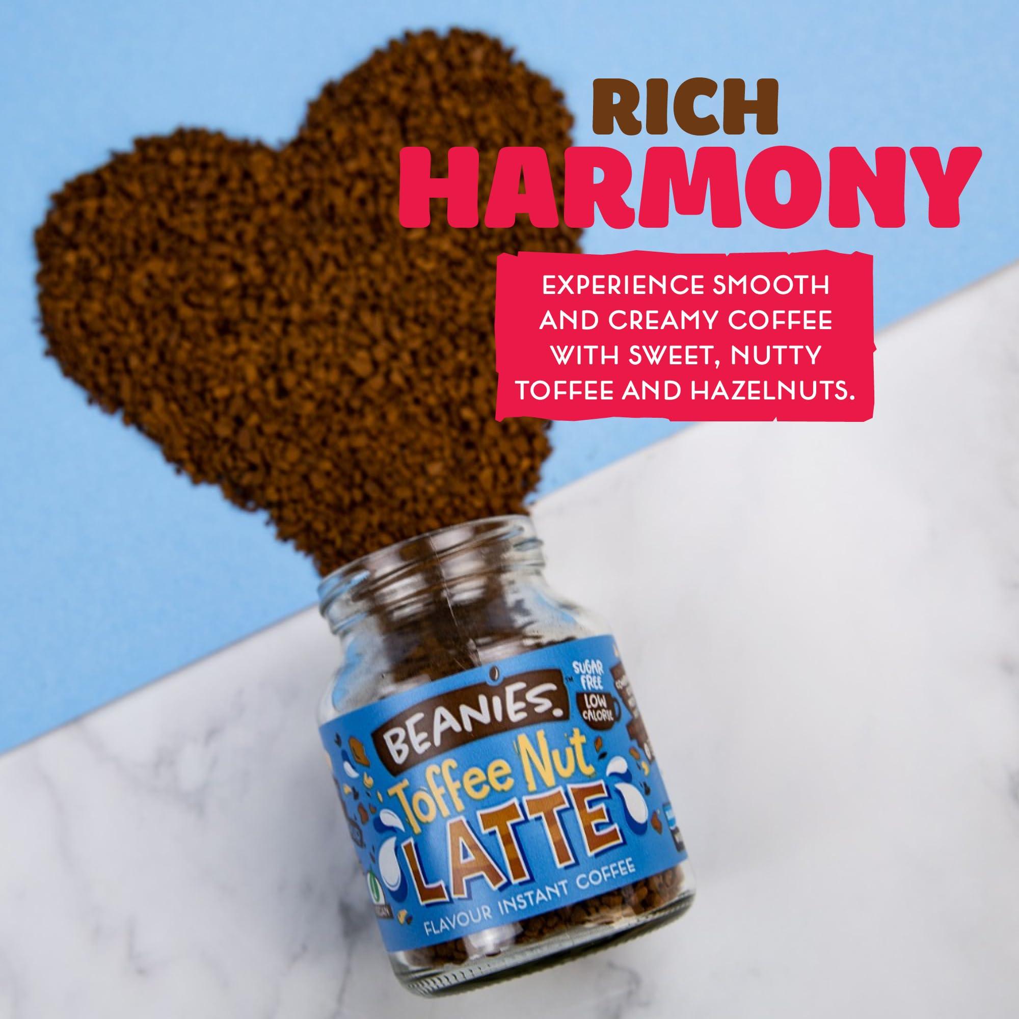Beanies The Flavour Co Beanies Flavour Instant Coffee -Toffee Nut Latte Instant Flavored Coffee - Bold & Adventurous Full-On Flavor - An Indulgent Sugar Free Taste Explosion - Low Calorie - Vegan & Gluten Free - Wheat & Dairy Free, 6 x 50g jar