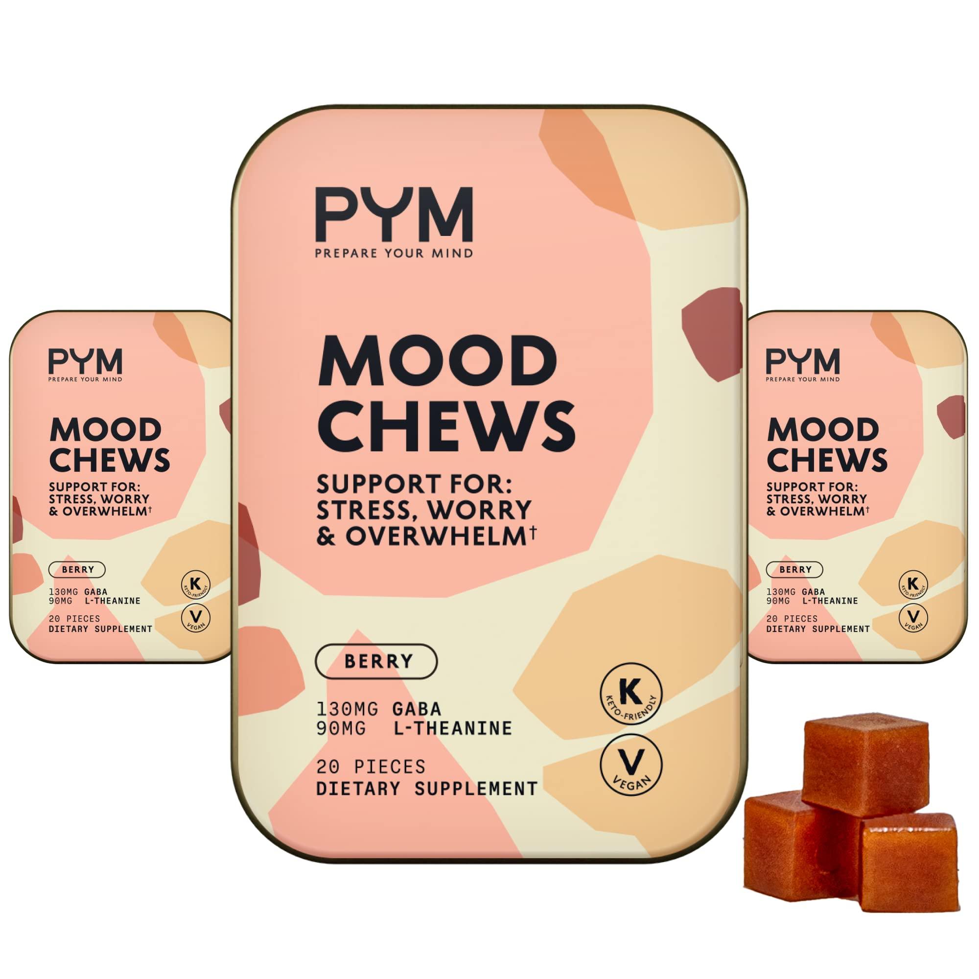 PYM Health PYM Berry Mood Chews Support for Stress, Worry & Overwhelm, 60 Count - 130mg GABA, 90mg L-Theanine - Vegan, Non-GMO, Gluten-Free, No Added Sugar - All-Natural Mood Balance Supplement Made in USA!