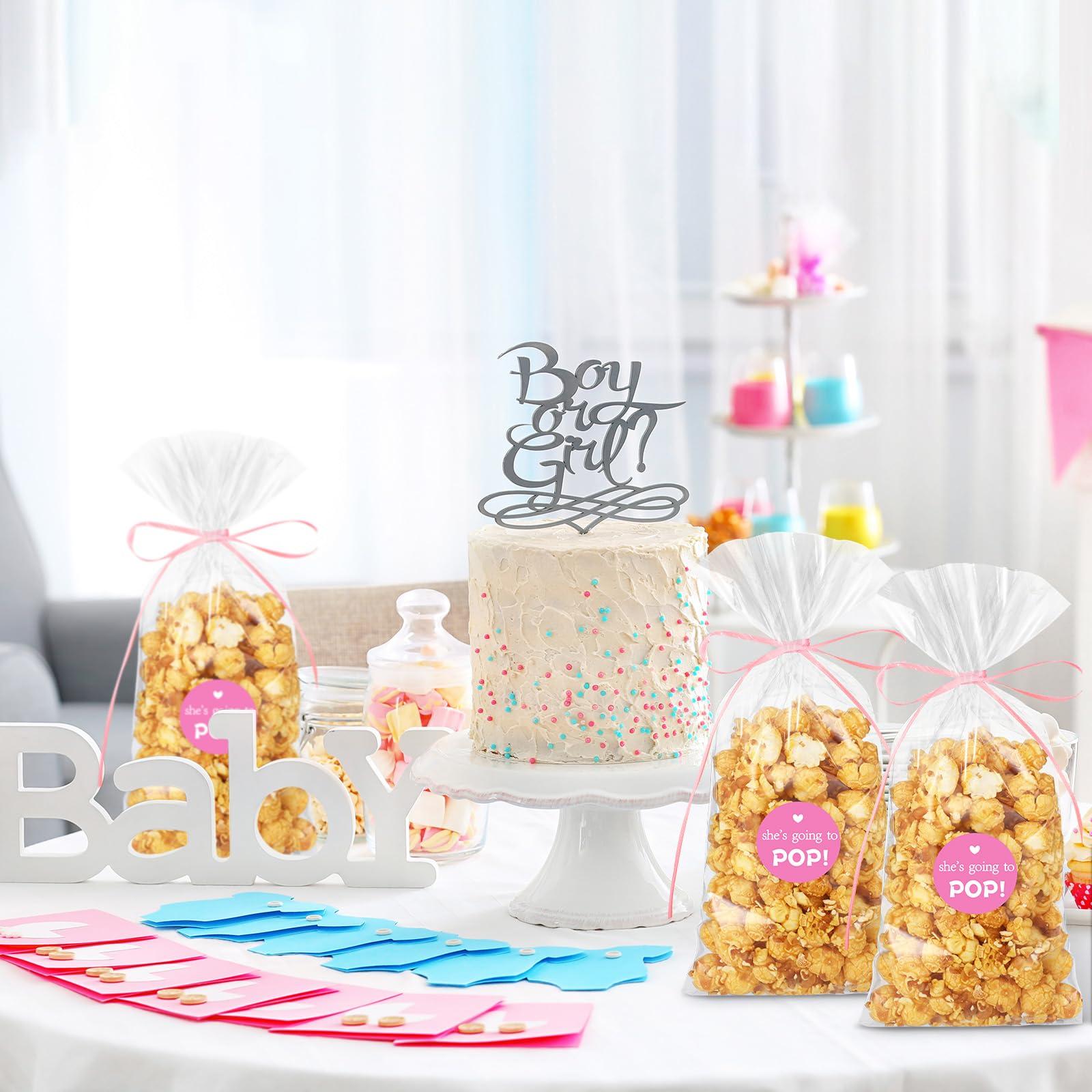 Menkxi Menkxi 100 Pack Clear Popcorn Bags Bulk 4.92 x 10.83 Inch Cellophane Treat Plastic Party Favors Bags with She Is Going to Pop Label and Ribbon for Gift Wrapping, Food Storage, Baby Shower Decor(Pink)