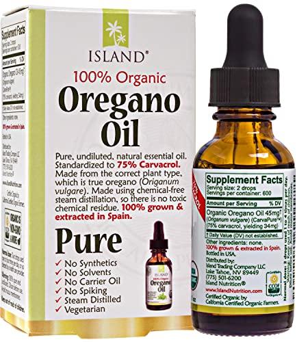 Island Nutrition Island Nutrition, Oregano Oil Organic Liquid Drops - 100% Pure & Undiluted - USDA-Certified Organic (1 oz) 75% Carvacrol - Grown in Spain - Immune Support Supplement with Oil of Oregano.