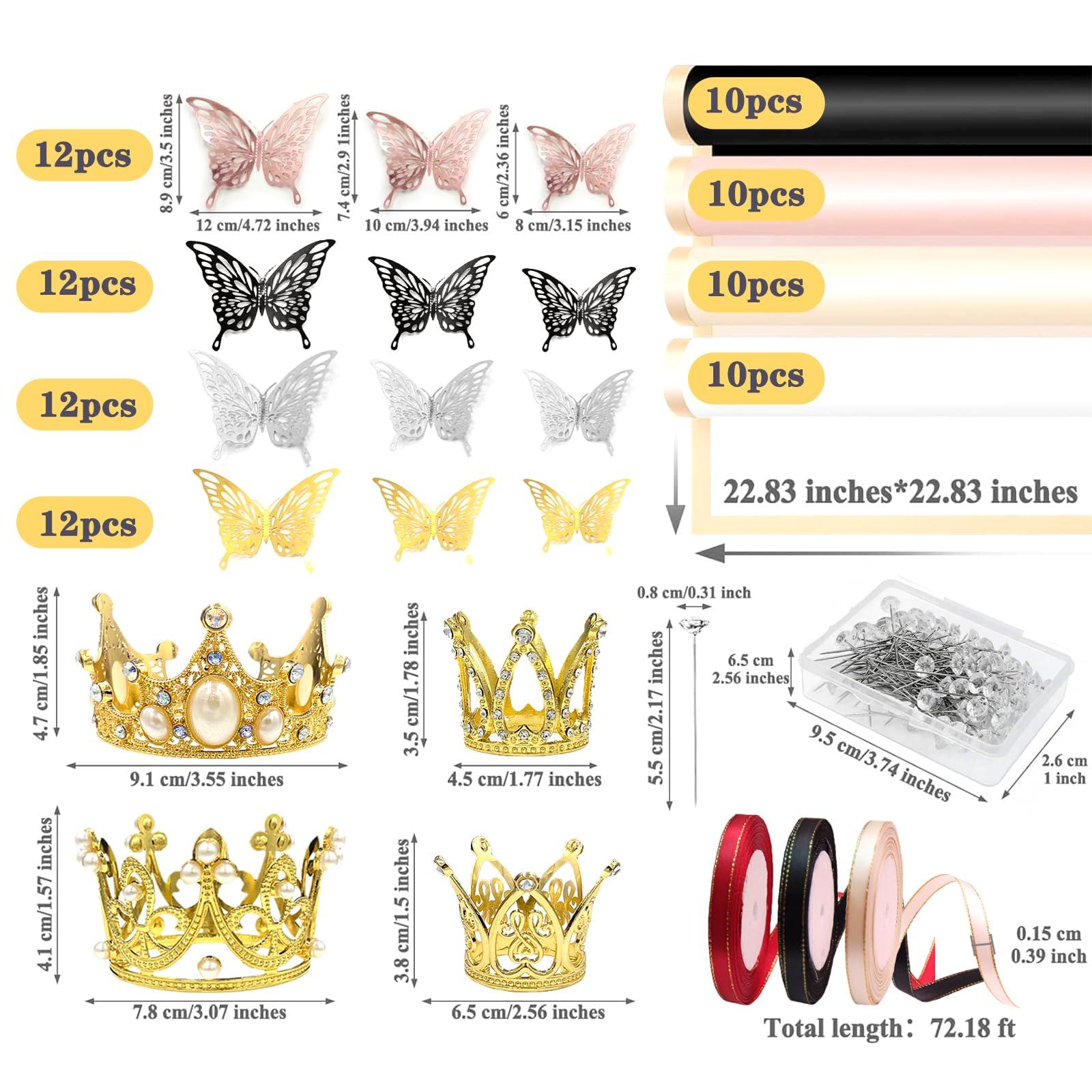 WUEURU WUEURU 195PCS Flower Wrapping Paper Bouquet Kit, Crowns and 3D Butterflies Flower Bouquets Waterproof Roses Wrapping Paper Sheets Diamond Pins Ribbon Bouquet Supplies Florist Wrap