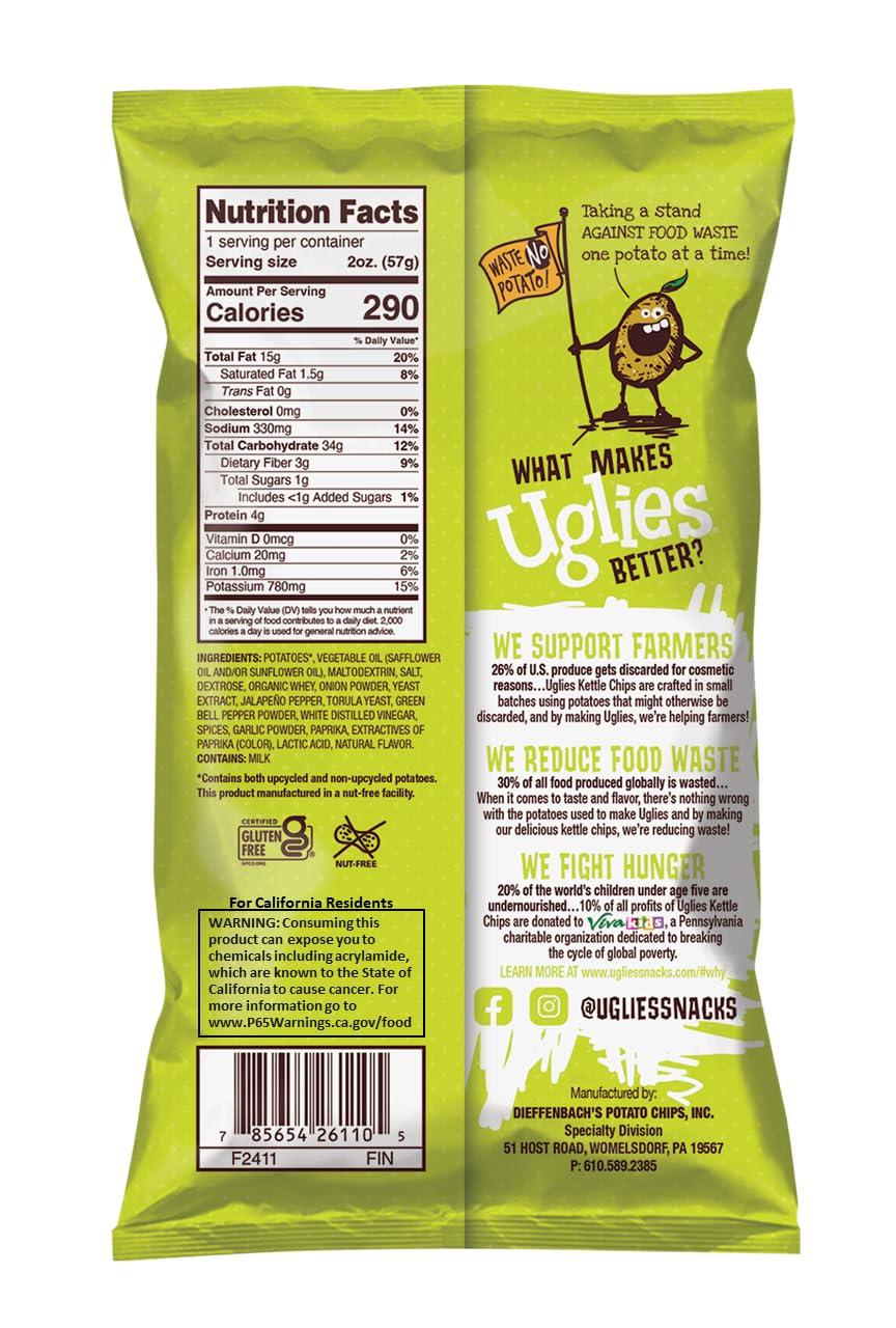 Uglies UGLIES Jalapeno Kettle-Cooked Potato Chips, Gluten-Free Snacks, Kosher-Friendly Chips, Non-GMO Snacks for Kids or Office, Lunch Snacks, Individual Snack Packs, 2 Oz. Bags, Pack of 12