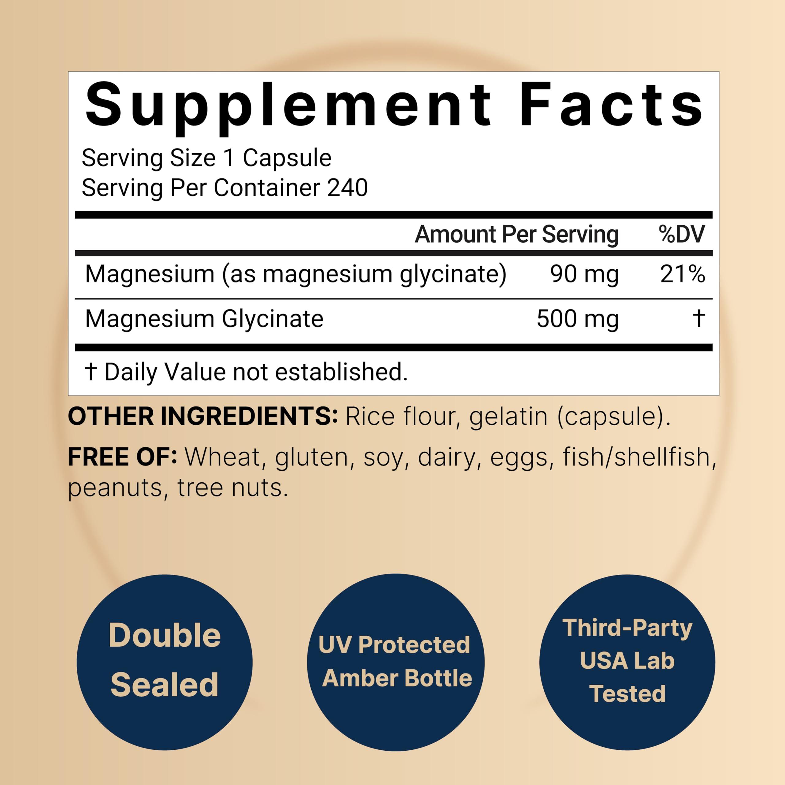 NatureBell Magnesium Glycinate Capsules 500mg | 240 Count, 100% Chelated & Purified, 3rd Party Tested, Non-GMO & Gluten Free
