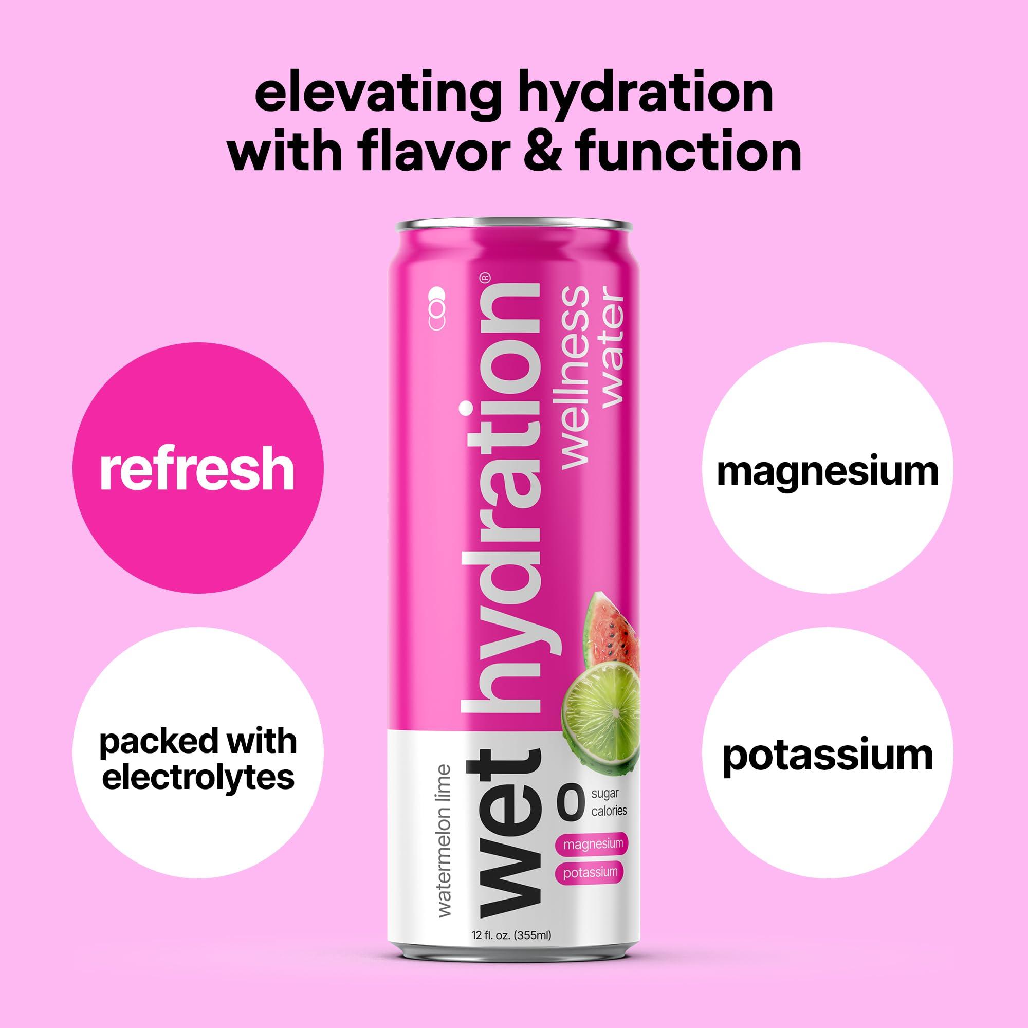 WET HYDRATION Wet Hydration, Zero Calorie, Functional Wellness Water - Watermelon Lemon Lime (12 Ounce Cans, Pack of 12) - Flavored Water, Hydration Drink, No Sugar, No Artificial Ingredients, Zero Calories