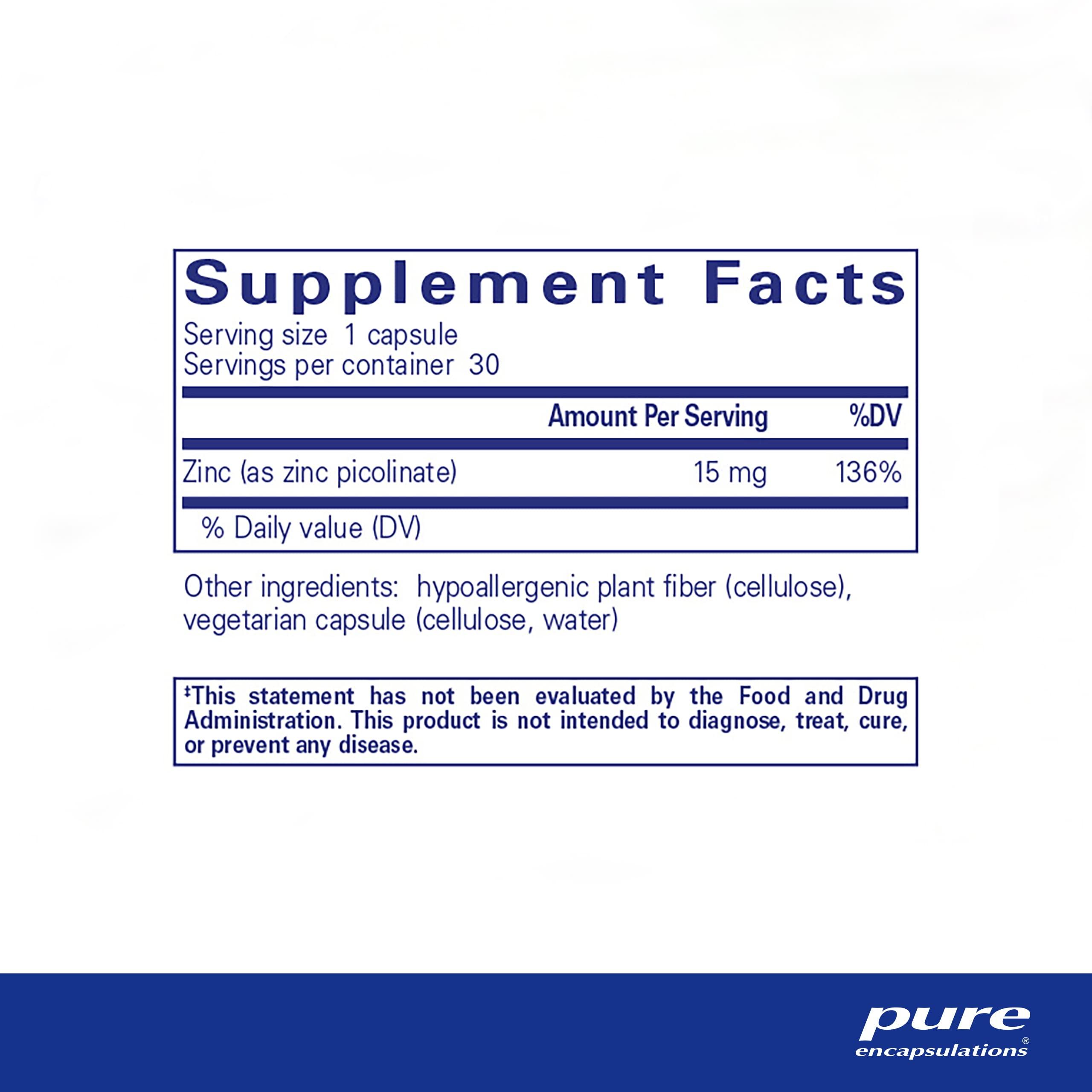 Pure Encapsulations Pure Encapsulations Zinc 15 mg - Zinc Picolinate Supplement for Immune System Support, Growth & Development - for Wound Healing - 30 Capsules