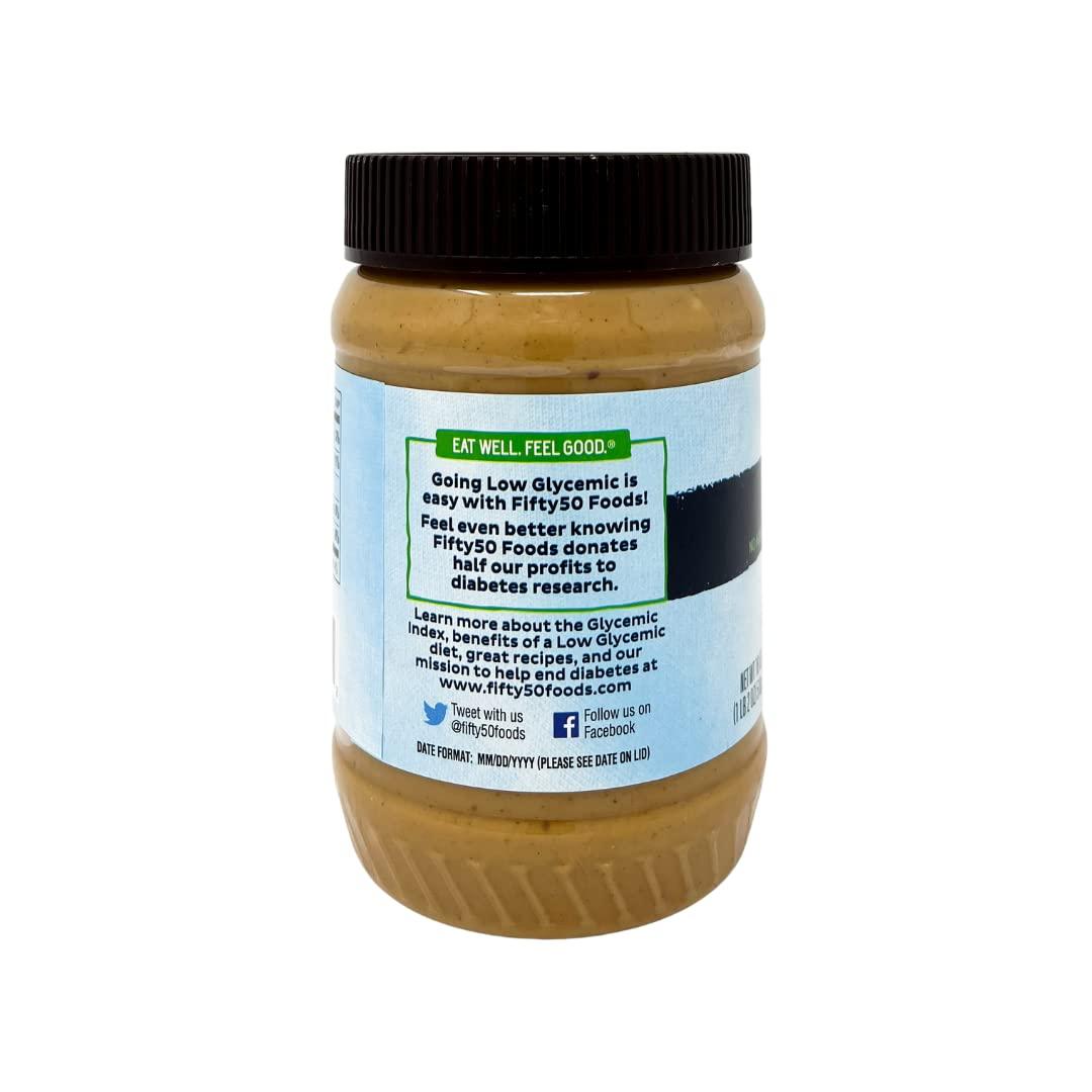 FIFTY 50 Fifty50 Foods Low Glycemic, No Added Sugar, No Stir Crunchy Peanut Butter, 18 Ounce (Pack of 6)