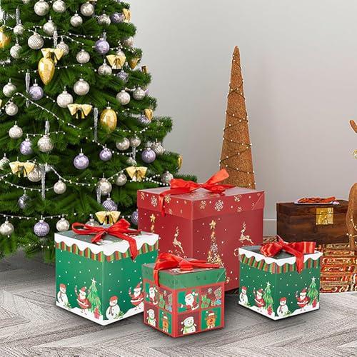 JOYWU JOYWU Christmas Stackable Gift Boxes Set with Lids and Red Rope,3 Pcs Xmas Nesting Box for Gift Wrapping,Square Santa Snowman Xmas Tree Stacking Small Gift Boxes,Christmas Decorative Boxes (Green)