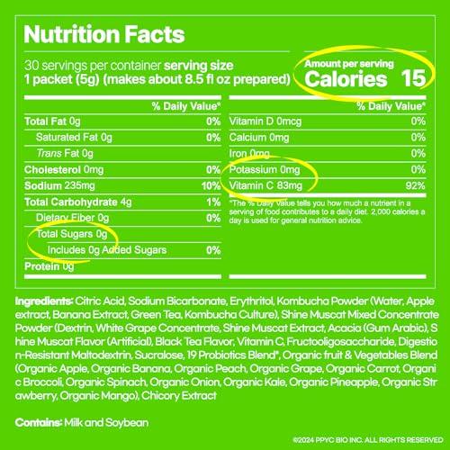 SUNMANC SUNMANC Kombucha 30 packets, Sparkling Probiotic Fermented Drink, Convenient Powdered Drink Mix, Tea Powder, Low Calories, Sugar 0g, Low Caffeine (Shine Muscat)