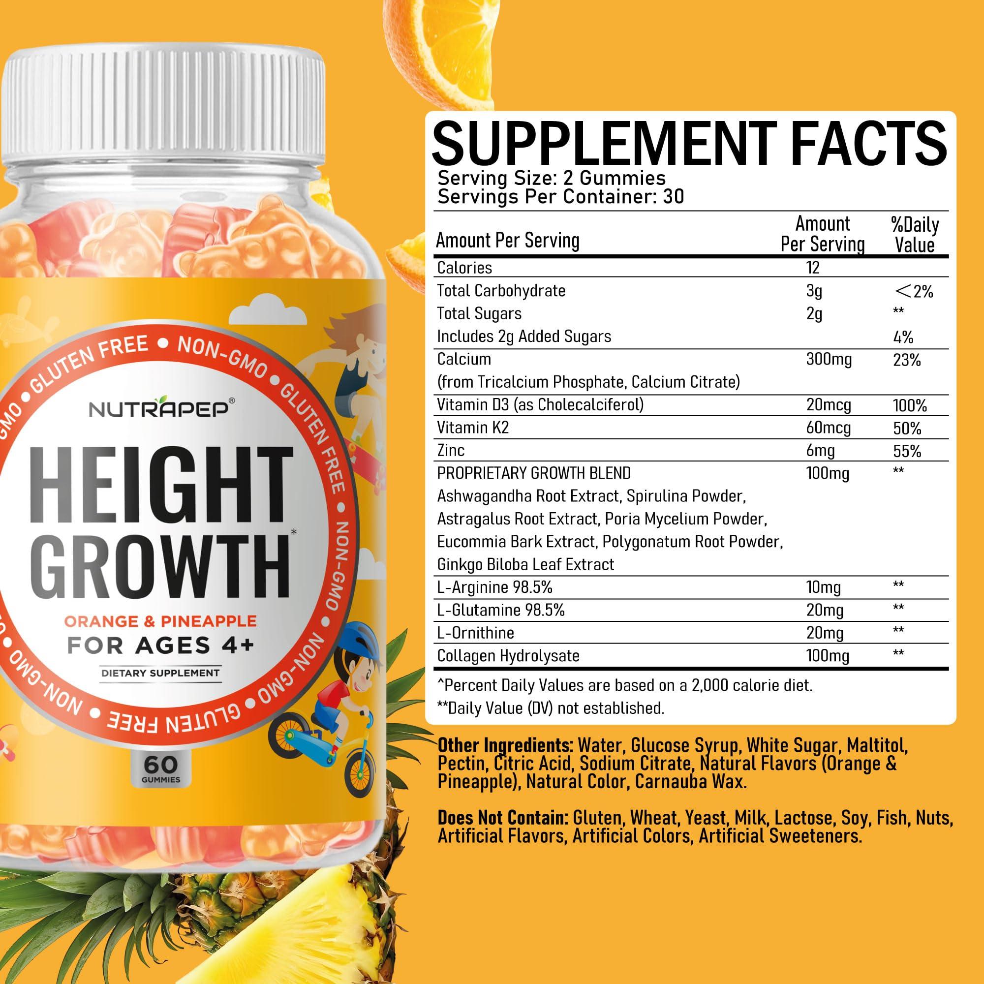 NutraPep Teens Height Growth Supplement Gummies - Kids Grow Taller Natural Height Increaser Multivitamin - with Calcium Vitamin D3 K2 Zinc L-Arginine L-Glutamine L-Ornithine for Boys Girls