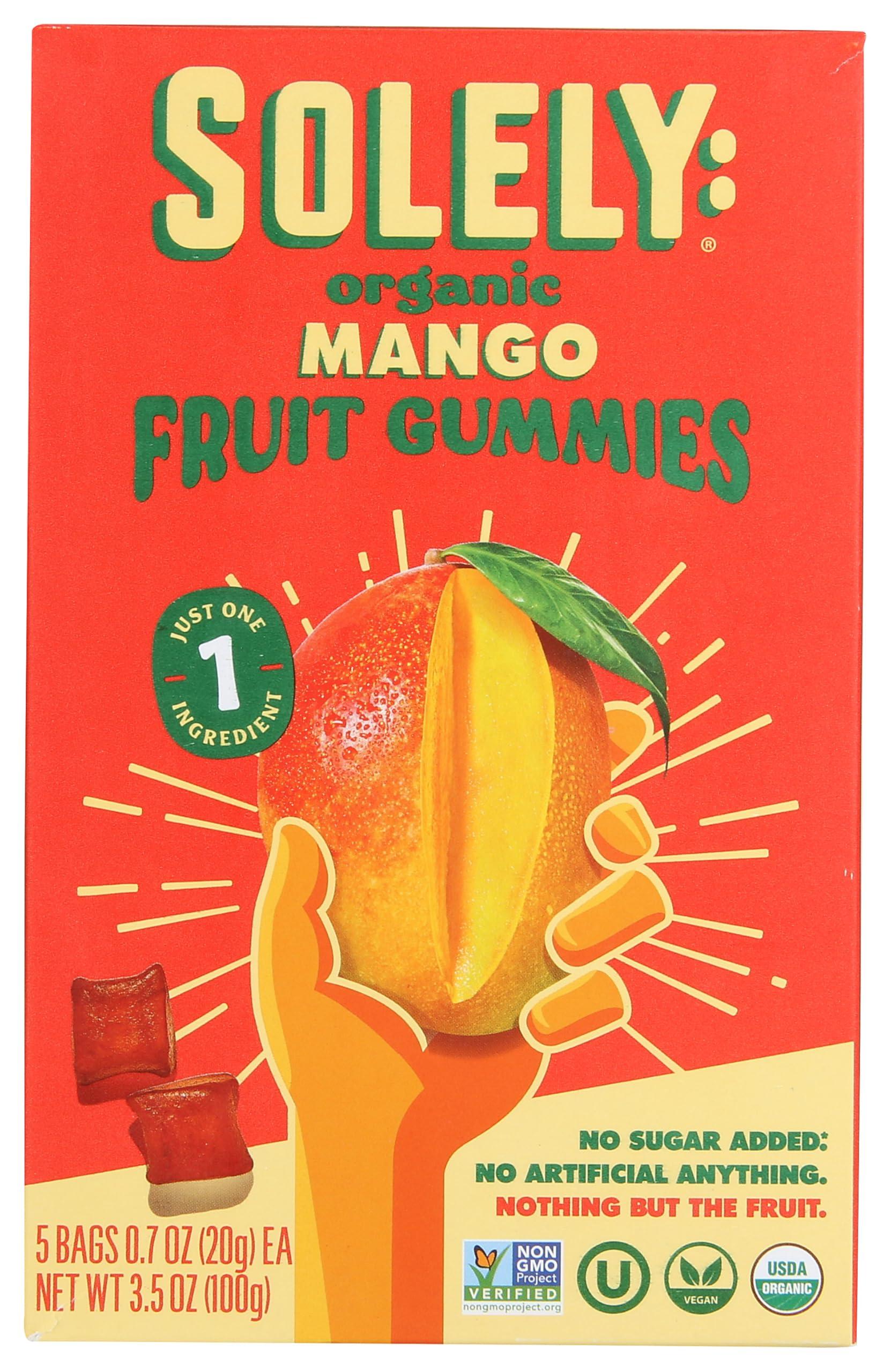 SOLELY SOLELY Organic Mango Whole Fruit Gummies | Two Ingredients | No Added Sugars, Artificial Colors or Flavors | Vegan Fruit Snacks, 0.7 Ounce (Pack of 5)
