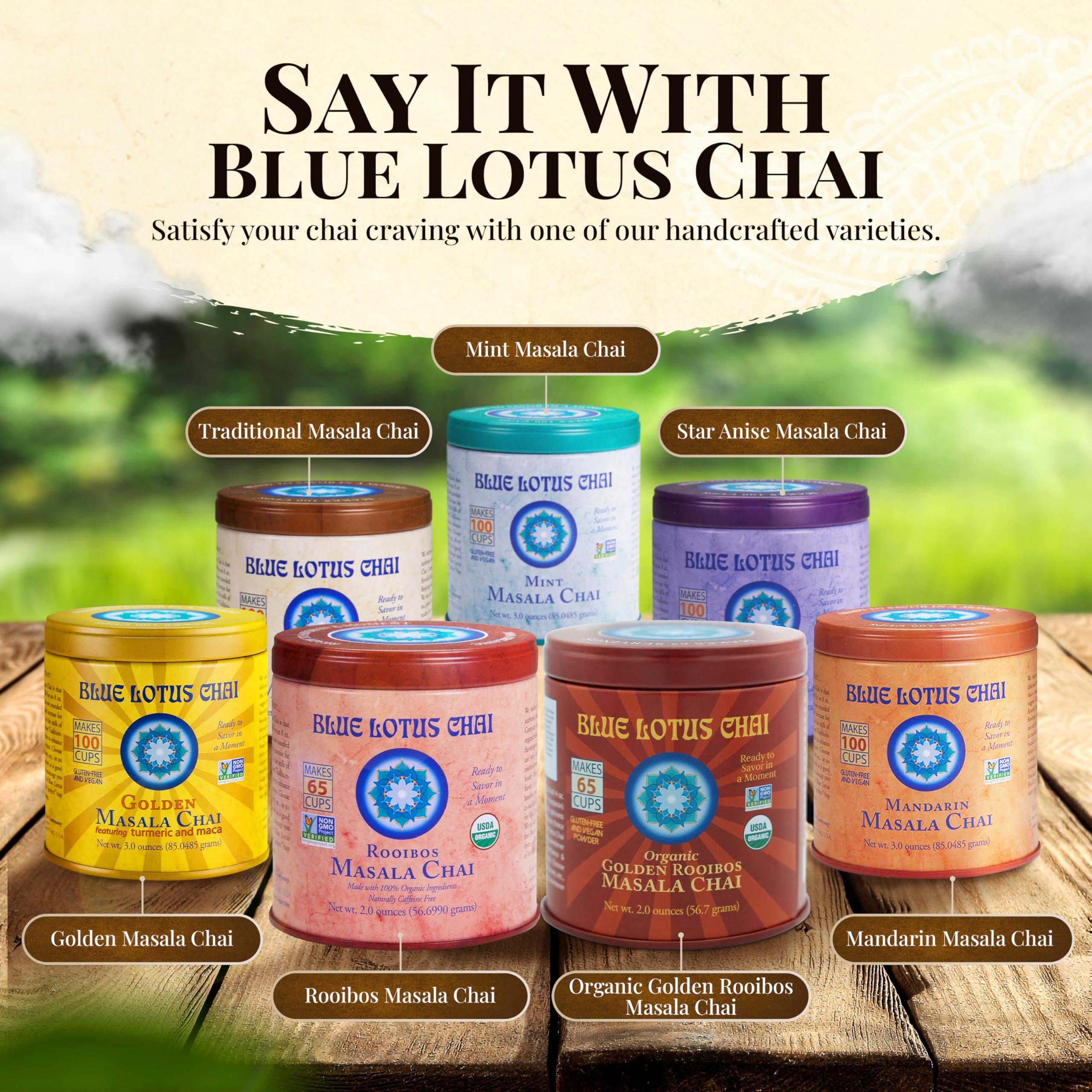 BLUE LOTUS CHAI Blue Lotus Chai - Golden Rooibos Flavor Masala Chai - Makes 65 Cups - 2 Ounce Masala Spiced Chai Powder with Organic Spices - Instant Indian Tea No Steeping - No Gluten
