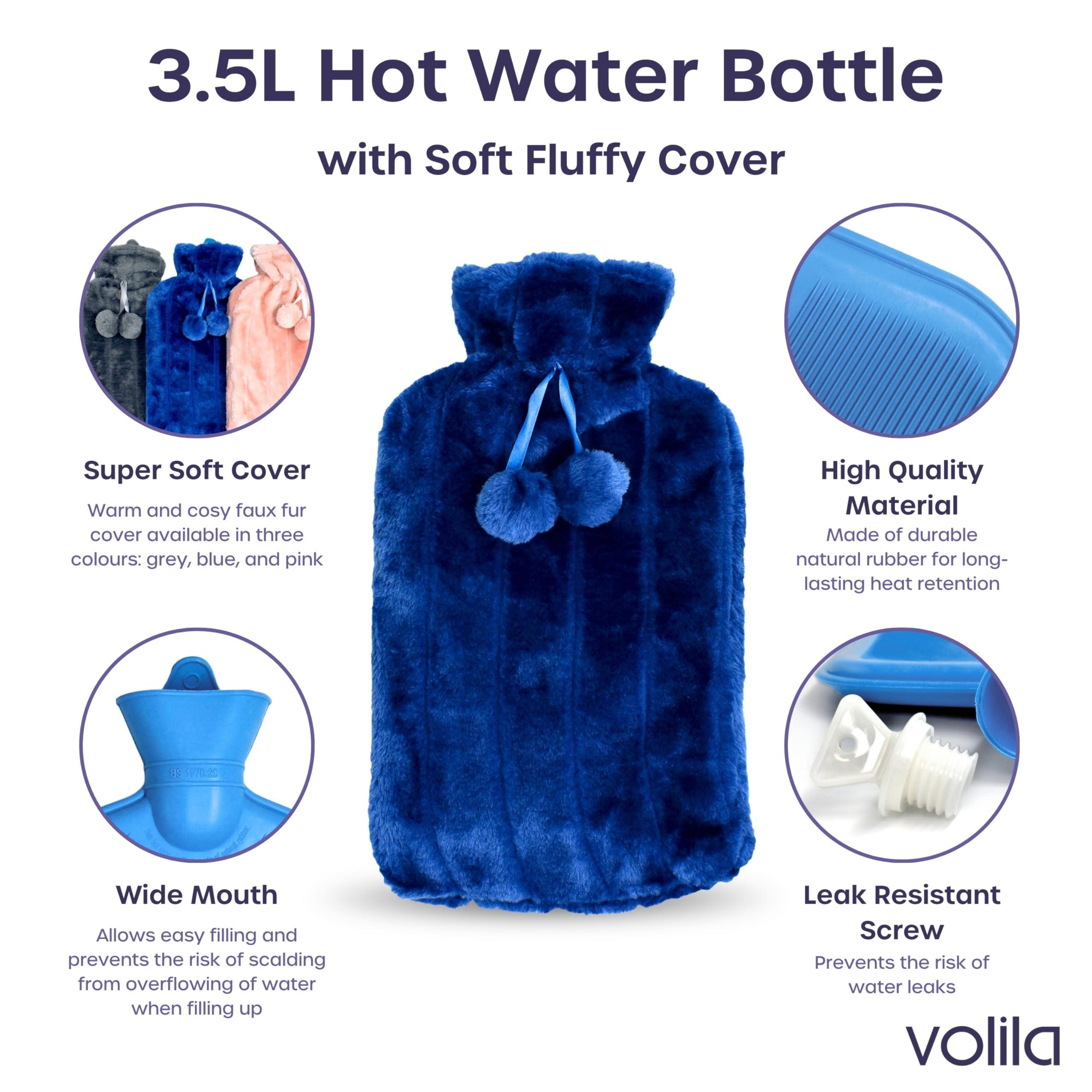 volila XXX-Large Hot Water Bottle with Cover - 3.5L Blue Hot Water Bag for Pain Relief - 118Fl Oz Extra Large Washable Soft Faux Fur, Big Hot Water Pack for Sore Muscles, Period Cramps, Hot and Cold Compress