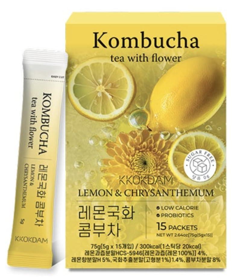 KKOKDAM KKOKDAM Kombucha Tea 15 Packs - Lemon & Chrysanthemum Korean Tea - Kombucha Drinks Probiotic Support, Low Calorie, Sugar Free Kombucha Pack - 15 Kombucha Drink