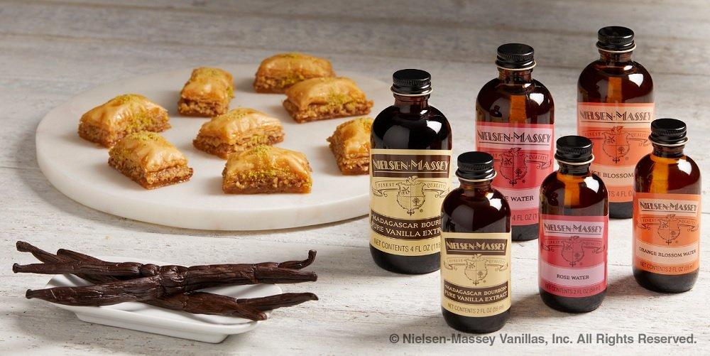 Nielsen-Massey Nielsen-Massey Floral Food Flavors Bundle, Rose Water, Orange Blossom Water, Madagascar Bourbon Pure Vanilla Extract for Baking and Cooking, 4 Ounce Bottles