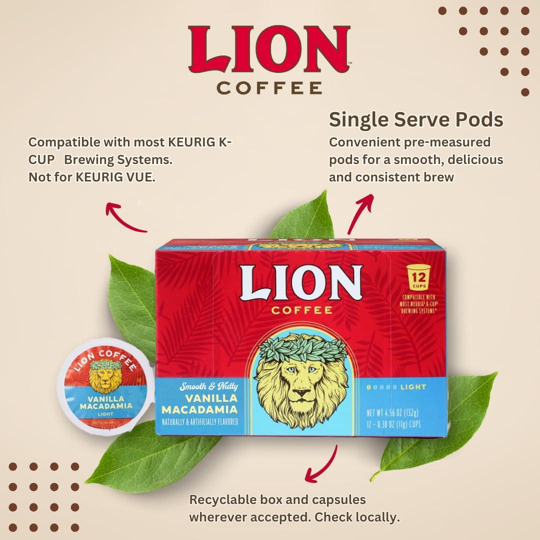 Lion Coffee Lion Coffee Vanilla Macadamia Flavored Medium Roast Coffee, Single-Serve Coffee Pods, Compatible with Keurig Brewers, Hawaiian Inspired Taste - (12 Count Box)