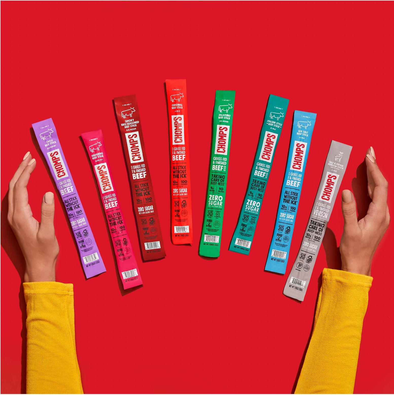 Chomps Chomps Grass-Fed and Finished Jalapeo Beef Jerky Snack Sticks 24-Pack - Keto, Paleo, Whole30, 10g Lean Meat Protein, Gluten-Free, Zero Sugar Food, Non-GMO
