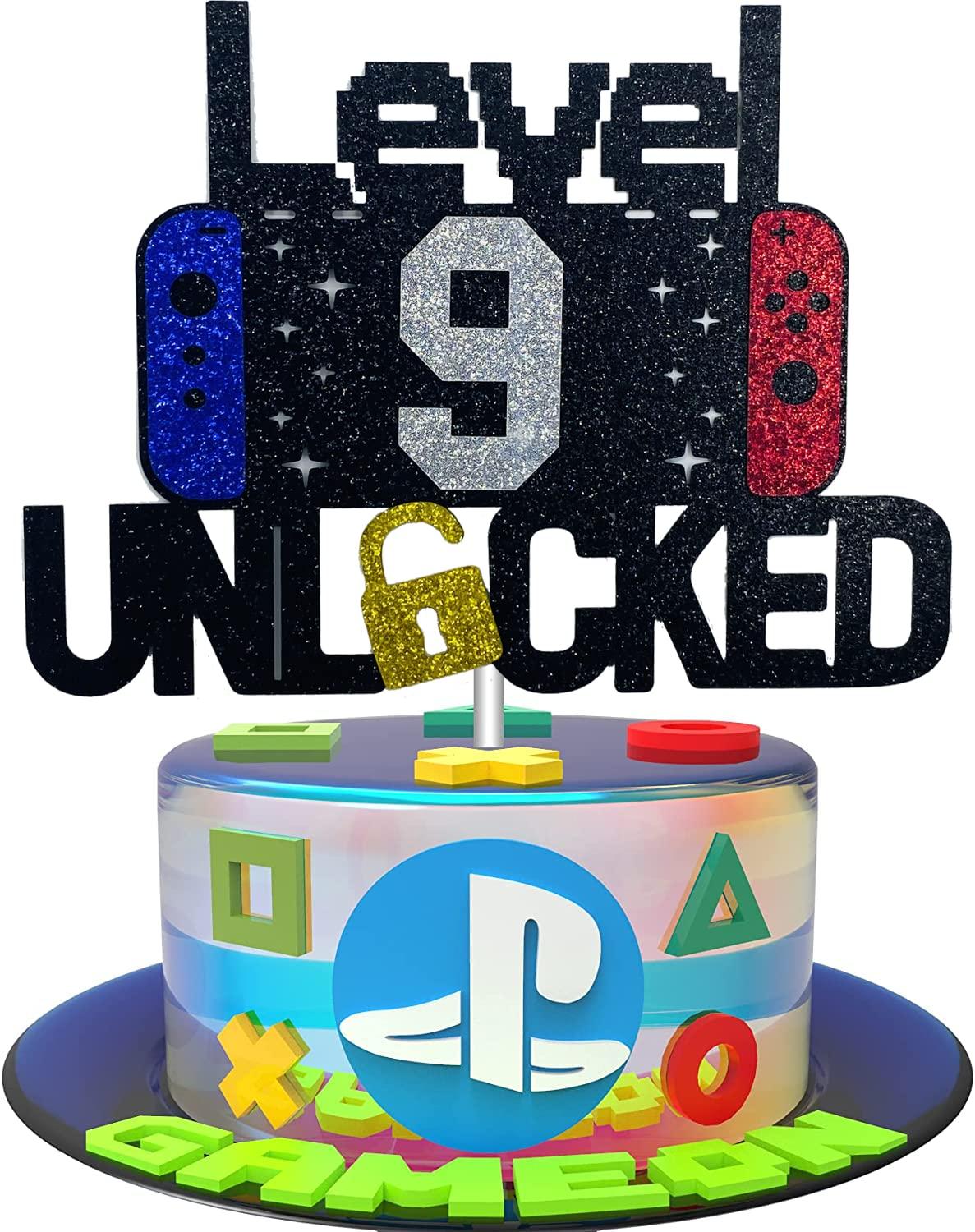 YzYbuaego Happy 9th Birthday Video Game Cake Topper Level 9 Unlocked Cake Topper for Kids Boys Girls 9-Years-Old Birthday Party Decoration