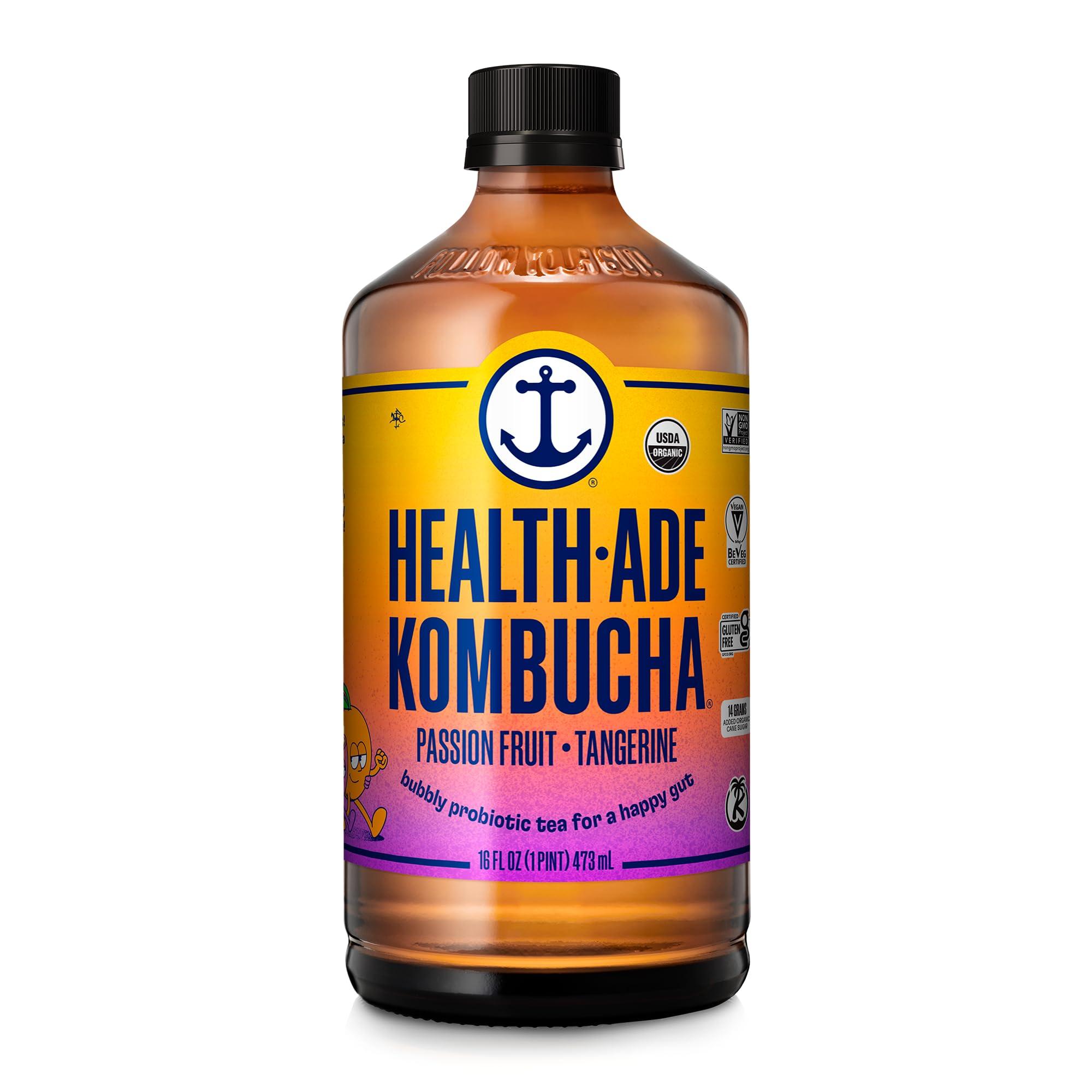 Health-Ade Health-Ade Kombucha Tea Organic Drink, Fermented Tea with Living Probiotics, Detoxifying Acids, Supports Gut Health, Non-GMO, Vegan, Gluten Free, 12 Pack (16 Fl Oz Bottles), Passion Fruit Tangerine