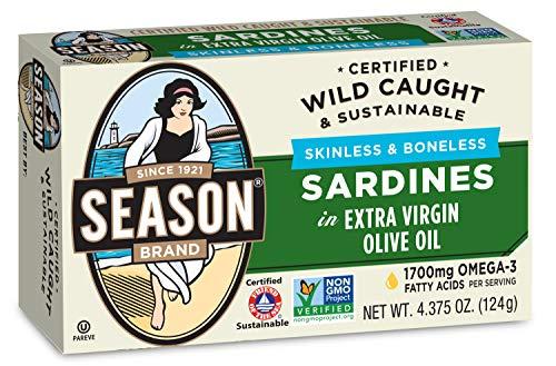 SEASON Season Sardines in Extra Virgin Olive Oil – Skinless & Boneless, Wild Caught, 22g of Protein, Keto Snacks, More Omega 3's Than Tuna, Kosher, High in Calcium, Canned Sardines – 4.37 Oz Tins, 12-Pack