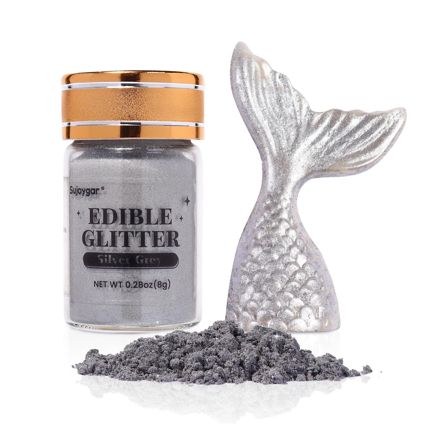 Sujoygar Sujoygar Silver Grey Edible Glitter, Food Grade 8g, Edible Glitter for Drinks, Kosher & Halal Certified, Cocktail, Cupcake, Chocolate, Strawberry, Baking