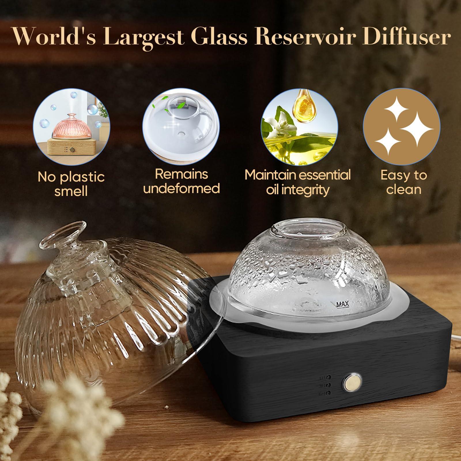 Levoair Glass Dome Essential Oil Diffuser with Glass Reservoir & Wood Base-Plastic Free, 200ml Ultrasonic Glass Diffuser for Aromatherapy with Timer 7 Color Light Auto-Off for Gift Home Office Yoga Dark Brown