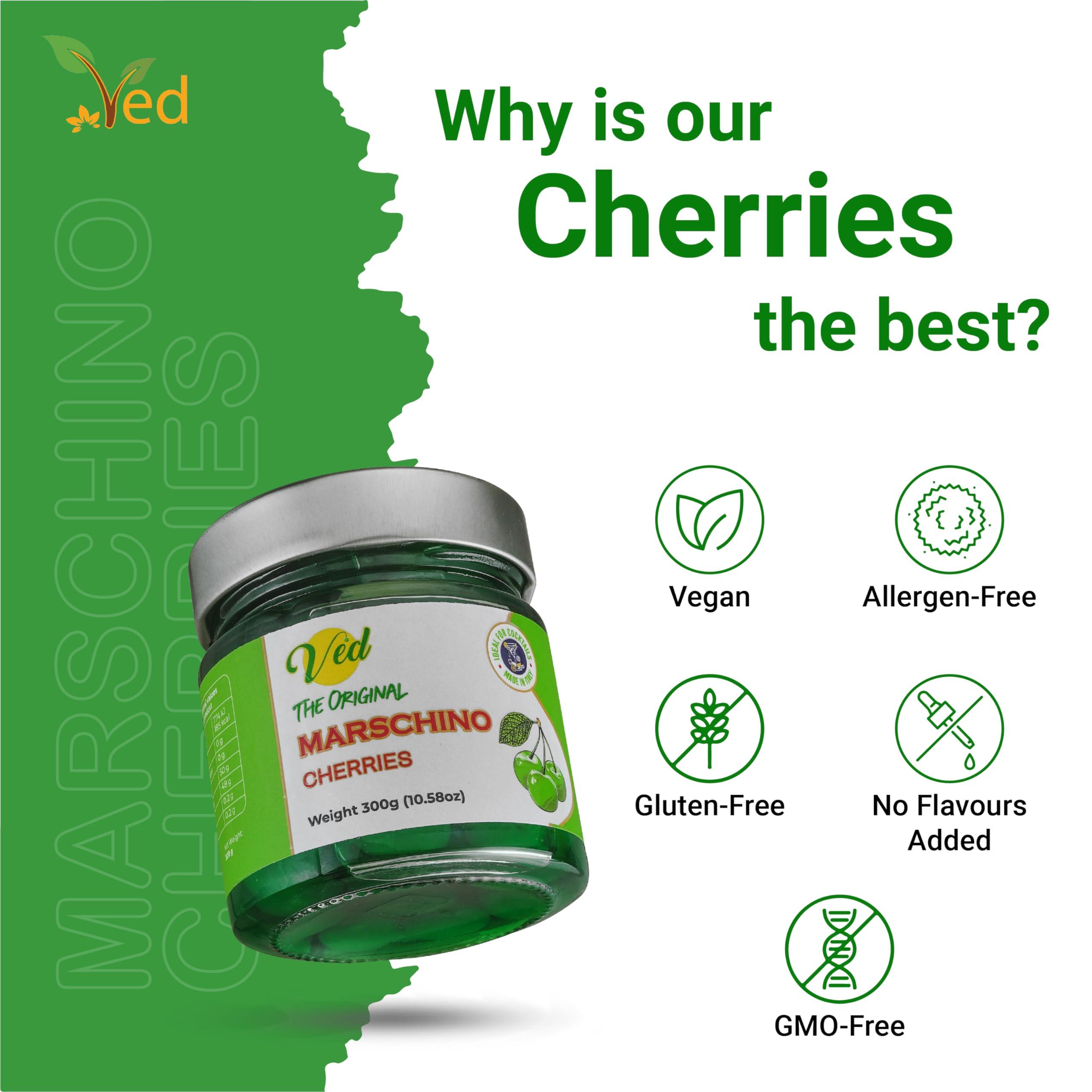 Ved Ved Gourmet Original Green Maraschino Cherries - Italian Cherry for Old-Fashioned Cocktails - Vegan Cocktail, Bourbon Cherries in Natural Syrup for Cocktail Garnish - 300g Jar