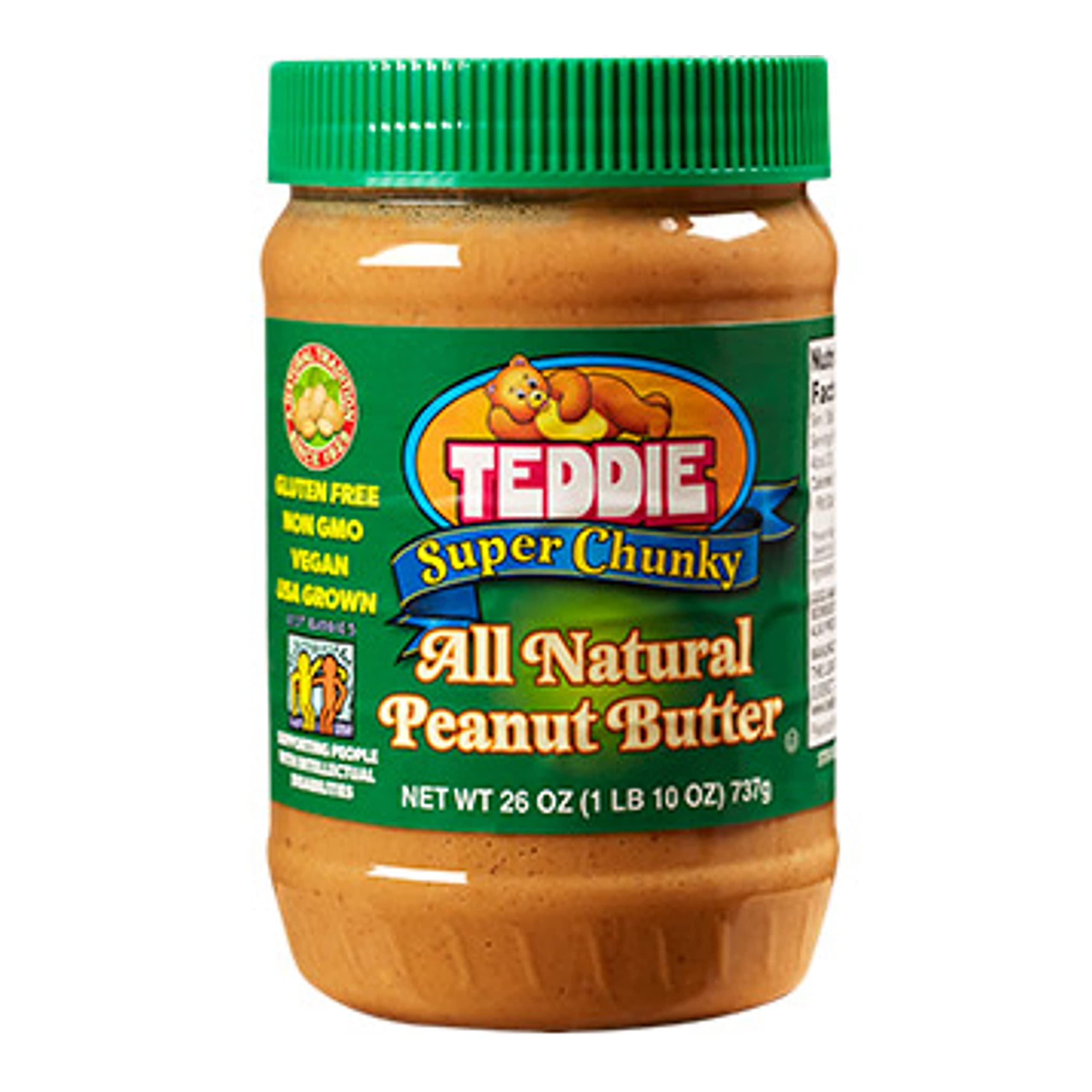 Teddie Teddie All Natural Peanut Butter, Super Chunky 3pk, Gluten Free & Vegan, 26 Ounce Plastic Jar (Super Chunky, 26 Ounce (Pack of 3))