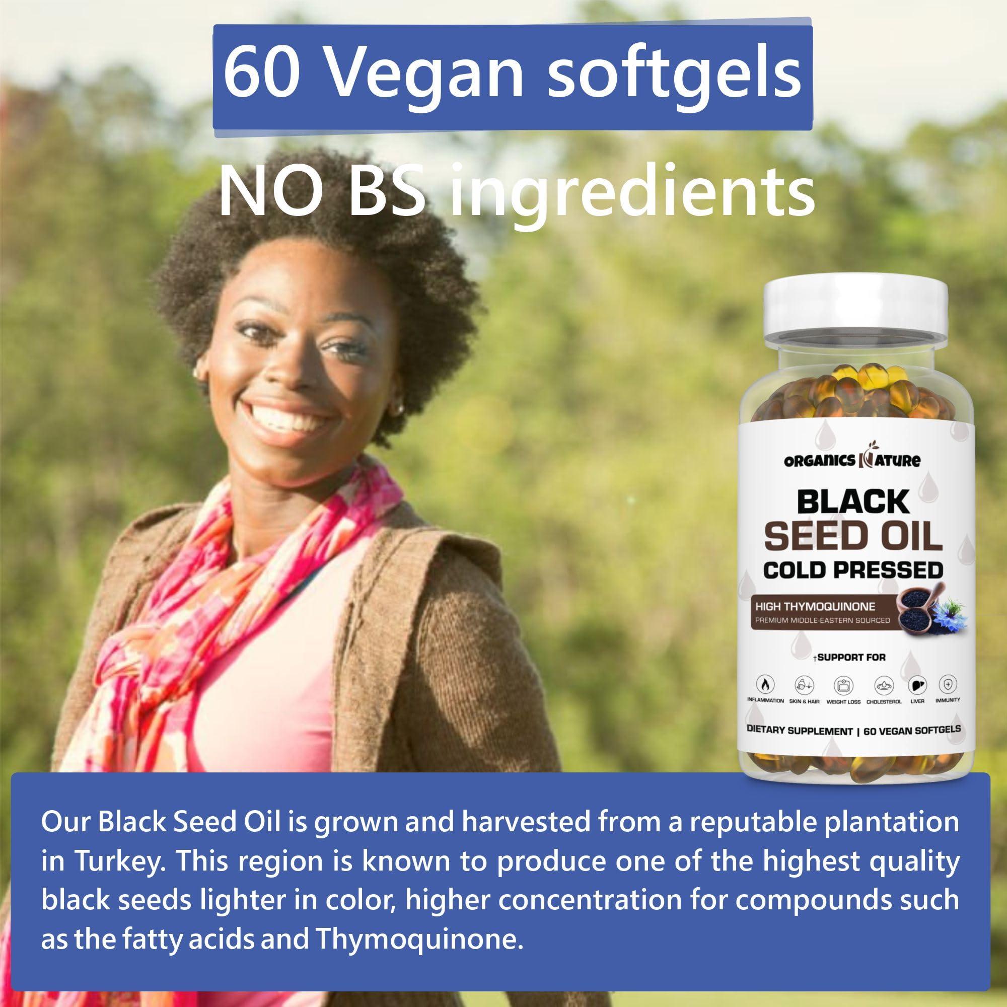 ORGANICS NATURE ORGANICS NATURE Black Seed Oil Capsules 1000MG Vegan Softgels, for Hair & Skin, Heart Support, Nigella Sativa - 100% Cold Pressed Cumin Seed Oil Capsules High Thymoquinone, Omega 3s
