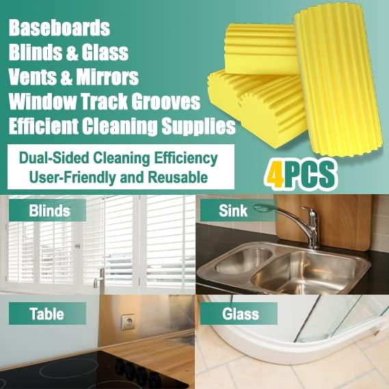 Kelursien 4Pack Damp Clean Duster Sponge, Dust Cleaning Sponge Brush, Reusable Dusters for Cleaning Baseboards, Blinds, Glass, Vents, Mirrors, Window Track Grooves, Efficient Cleaning Supplies(Yellow)
