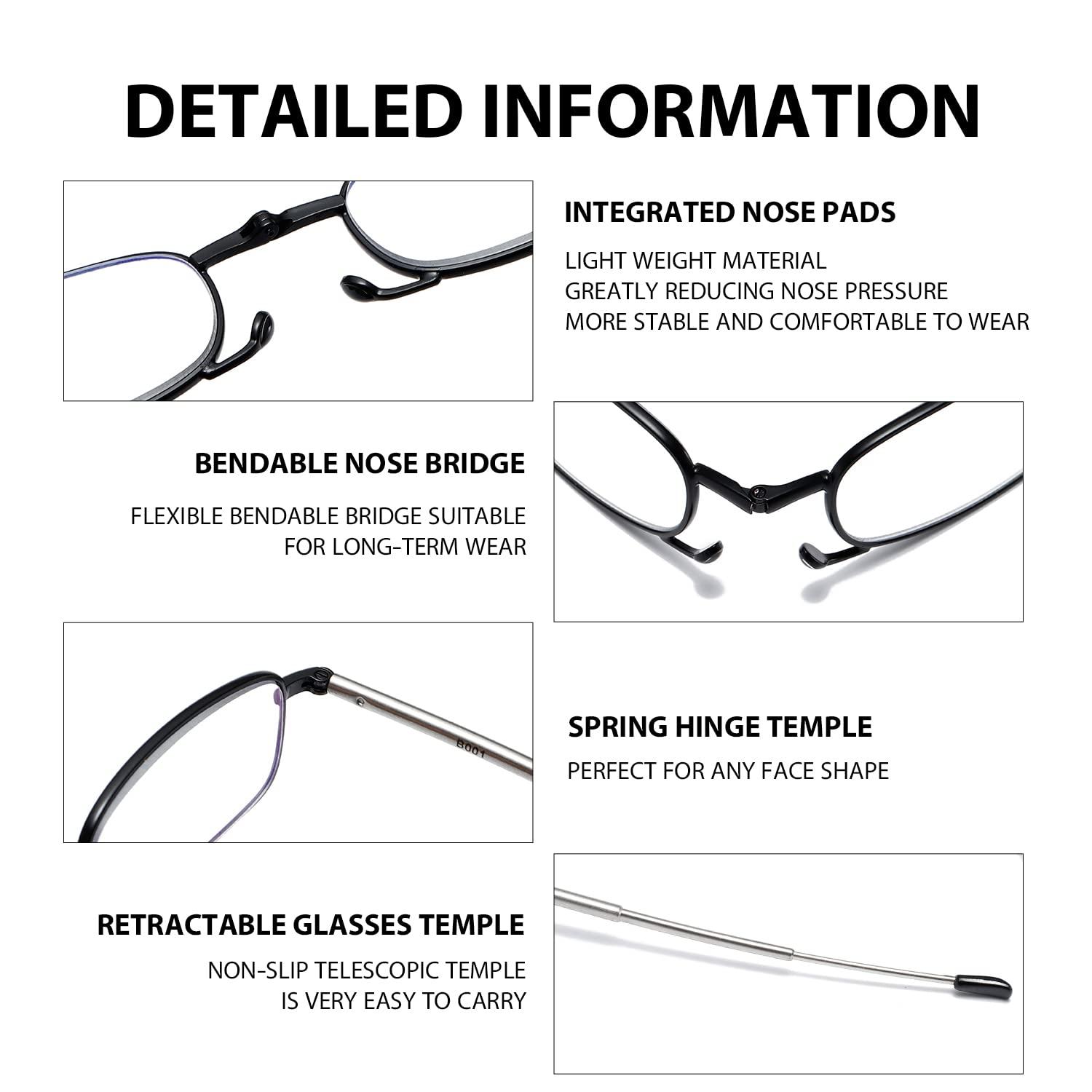 OWTXIS OWTXIS 3 Pack Folding Reading Glasses for Men Women, Keychain Compact Readers Blue Light Portable Pocket Eyeglasses (Black, Gunmetal, Red, 2.75)