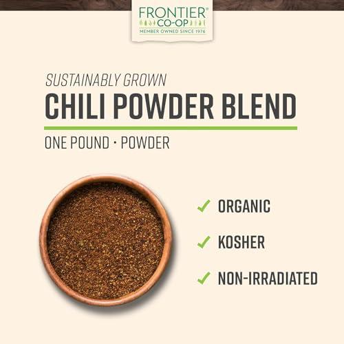 Frontier Frontier Co-op Organic Chili Powder Seasoning, 1 Pound, Mild to Moderatly Spicy, Sweet, Tangy, Zesty, Kosher, Salt Free