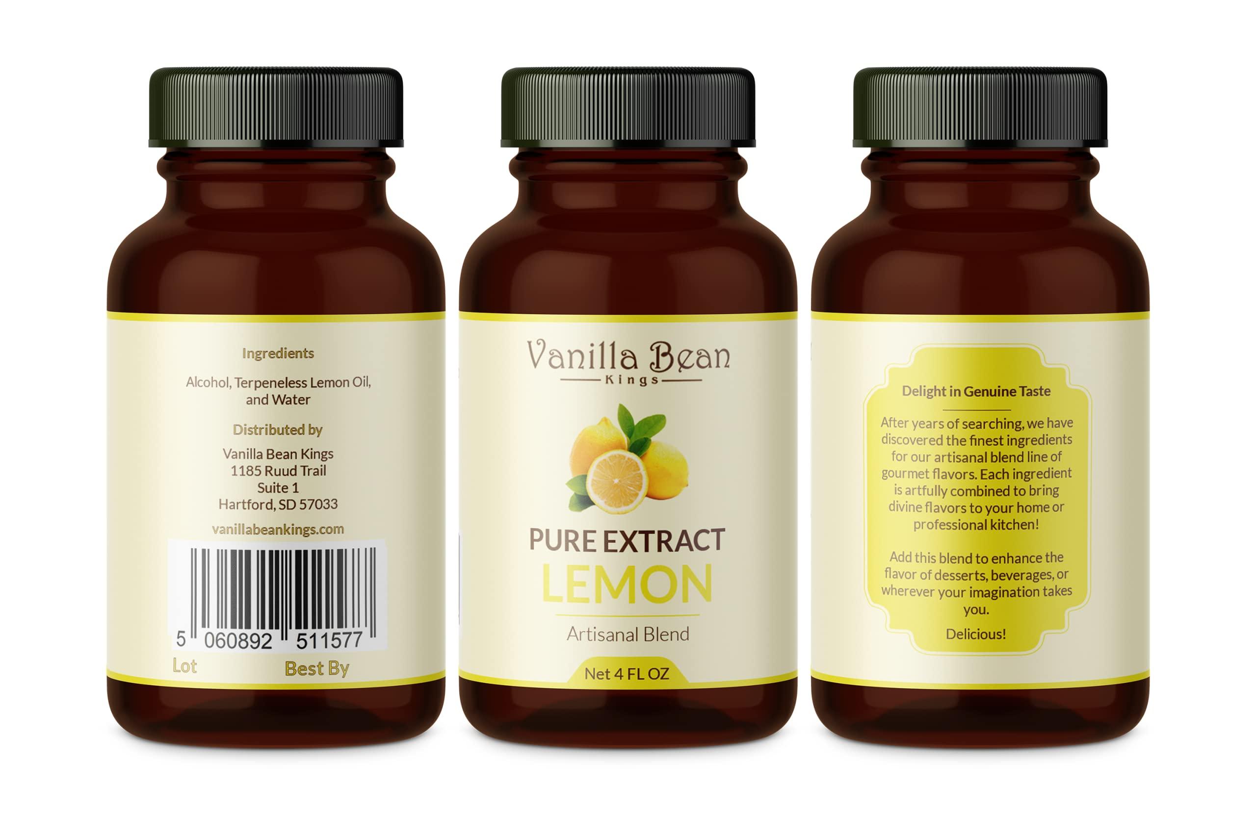 Vanilla Bean Kings Pure Lemon Extract for Baking and Flavoring - 4 OZ - Premium Quality Natural Flavors for Baked Goods, Desserts, & Cooking