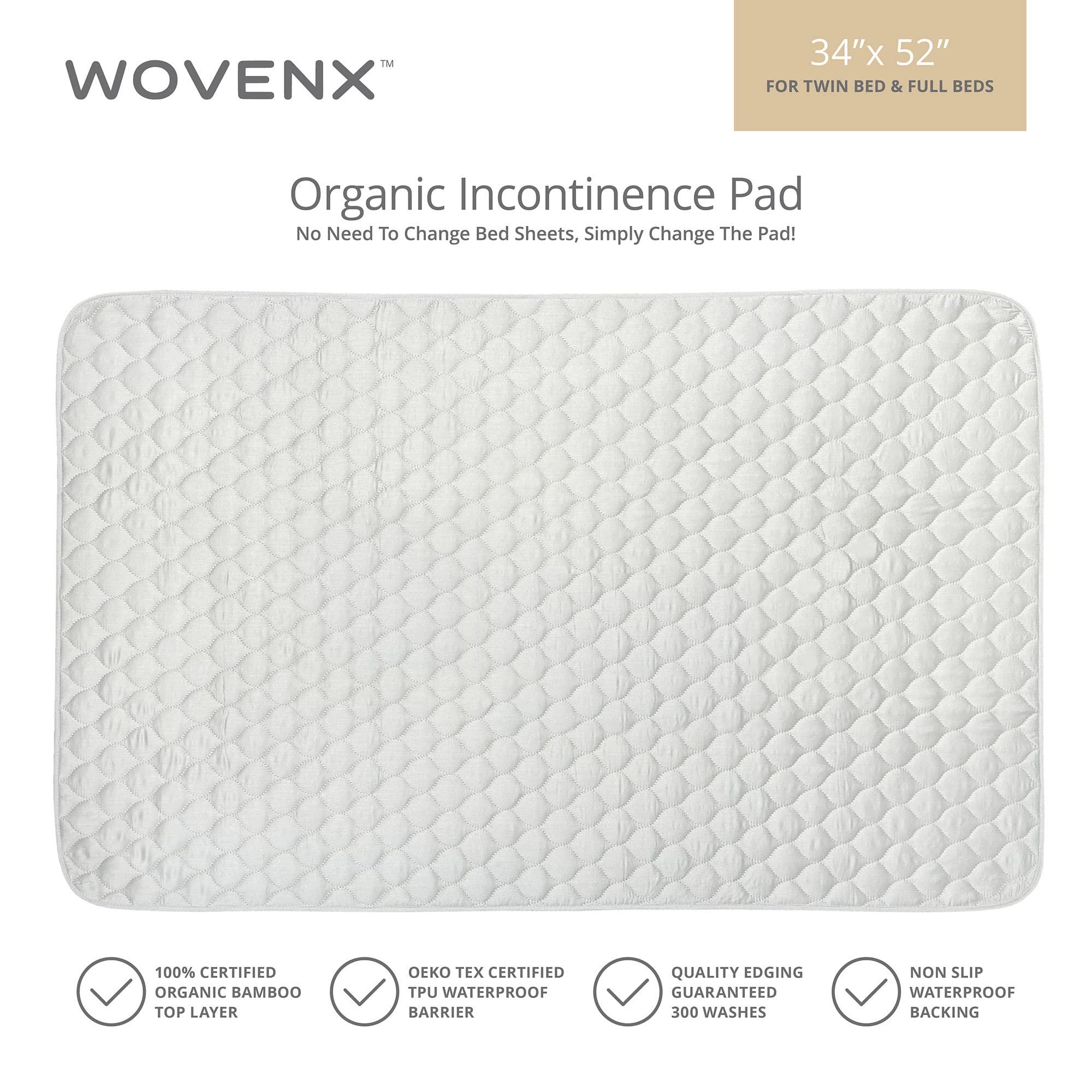 wovenx WOVENX Organic Incontinence Pads for Kids & Toddlers - 5 Layer Waterproof Protectors for Overnight Bed Wetting - Reusable & Washable Pee Pads - Fits Twin to Full Size Beds - 34\" x 52\" White