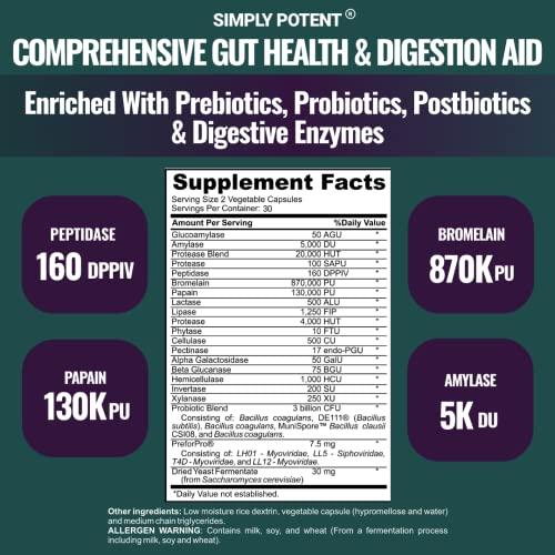 Simply Potent Complete Gut Health, Digestive Enzymes Plus Prebiotic, Probiotic & Post Biotic Gastrointestinal Support, Supports Gut Health & Immune Function, 60 Capsules
