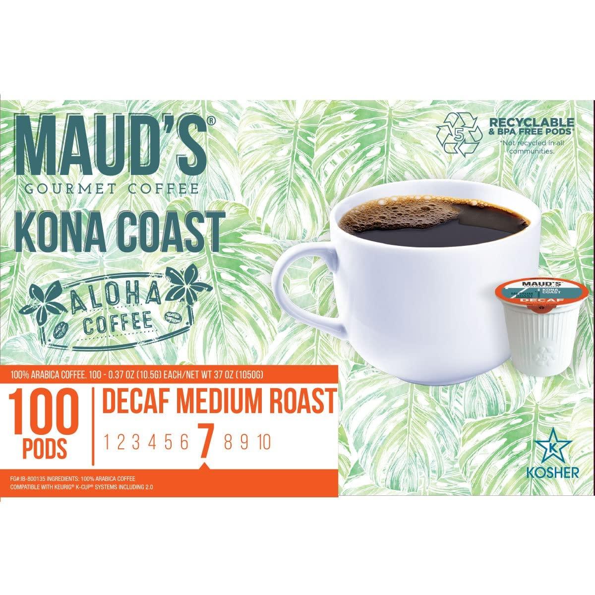 MAUD\'S Maud\'s Decaf Kona Coffee Pods, 100 ct | Decaffeinated Kona Coast Blend | 100% Arabica Medium Roast Coffee | Solar Energy Produced Recyclable Pods Compatible with Keurig K Cups Maker