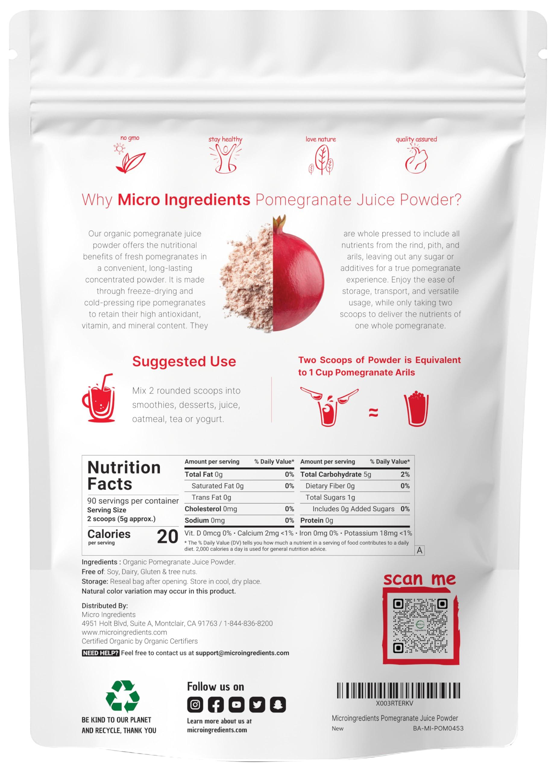 Micro Ingredients Organic Pomegranate Juice Powder, 1 Pound | 100% Natural Fruit Powder | Freeze Dried & Cold Pressed | No Sugar & Additives | Great Flavor for Drinks, Smoothie, & Beverages | Non-GMO & Vegan Friendly