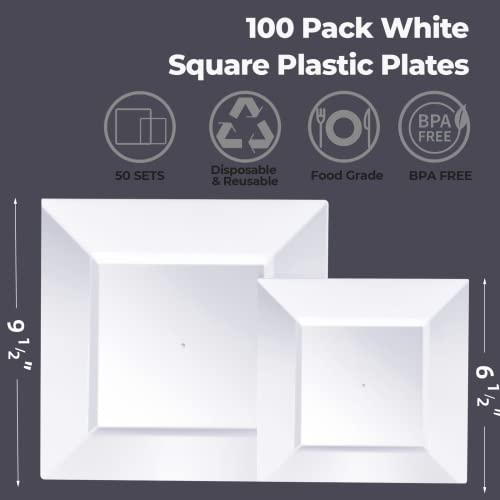 Goodluck Goodluck 100 Pack Disposable Square Plastic Plates, Heavy Duty 50pcs Dinner Plates 9.5\" and 50pcs Dessert Plates 6.5\", Fancy Disposable Plates for Wedding, Holiday Party, Birthday, White
