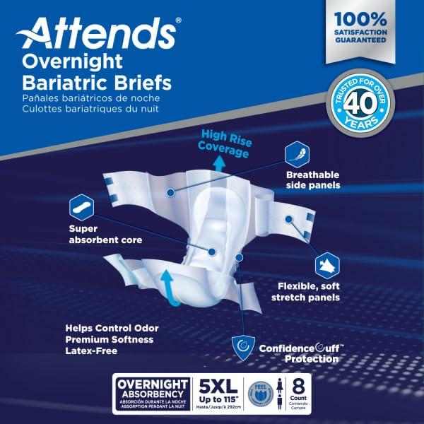 Attends Attends Bariatric Incontinence Disposable Briefs, 5X-Large, Up to 115\" Waist with Tab Closures, Ultimate Absorbency, Dry-Lock Containment Core and ConfidenceCuff Leakage Protection, 8ct Bag